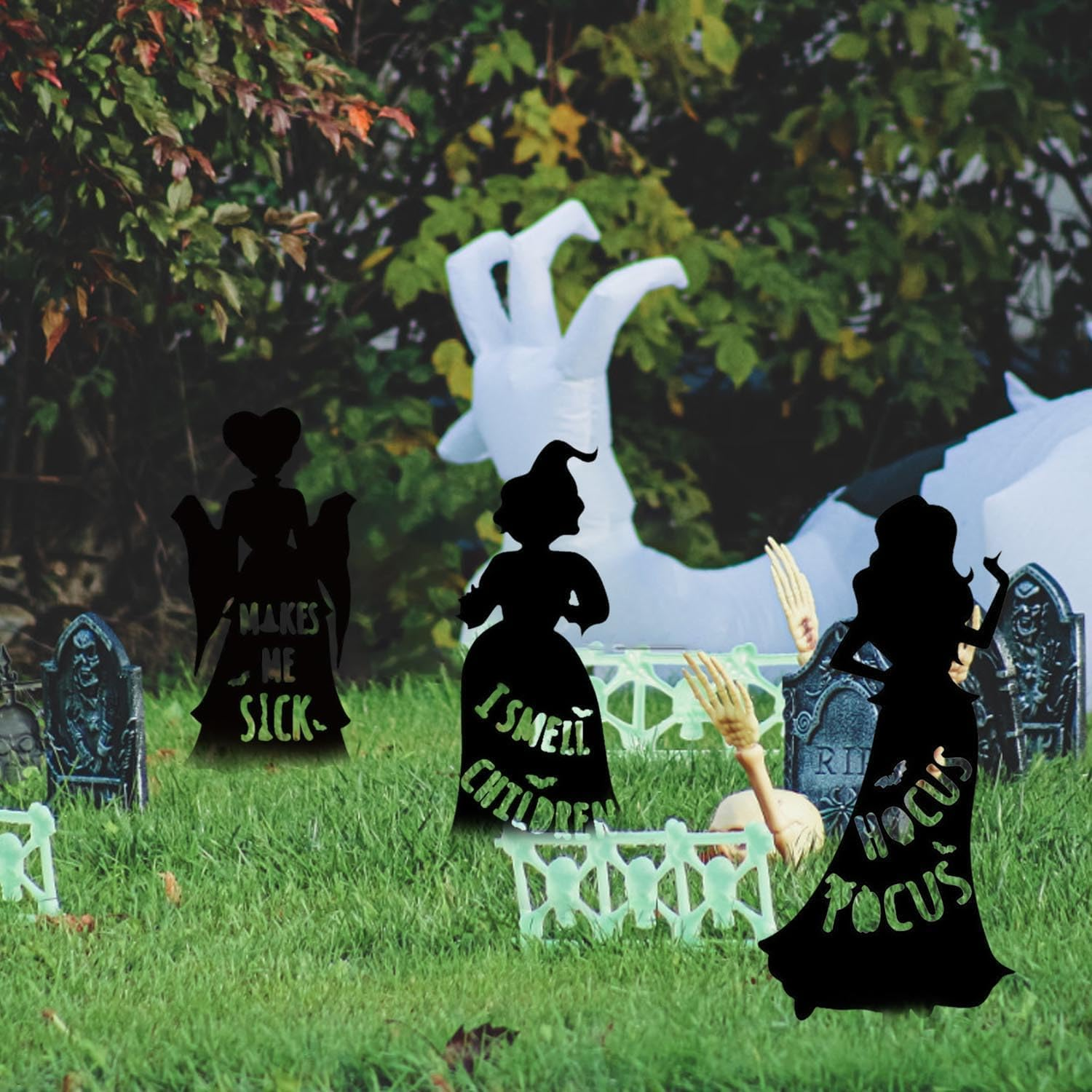 3 Pack Halloween Yard Sign Decoration, Halloween Silhouette Yard Signs with Stakes, Black Witches Silhouette Yard Signs with H-Stakes, outside Waterproof Yard Lawn Garden Sanderson Sisters Decor image number 4