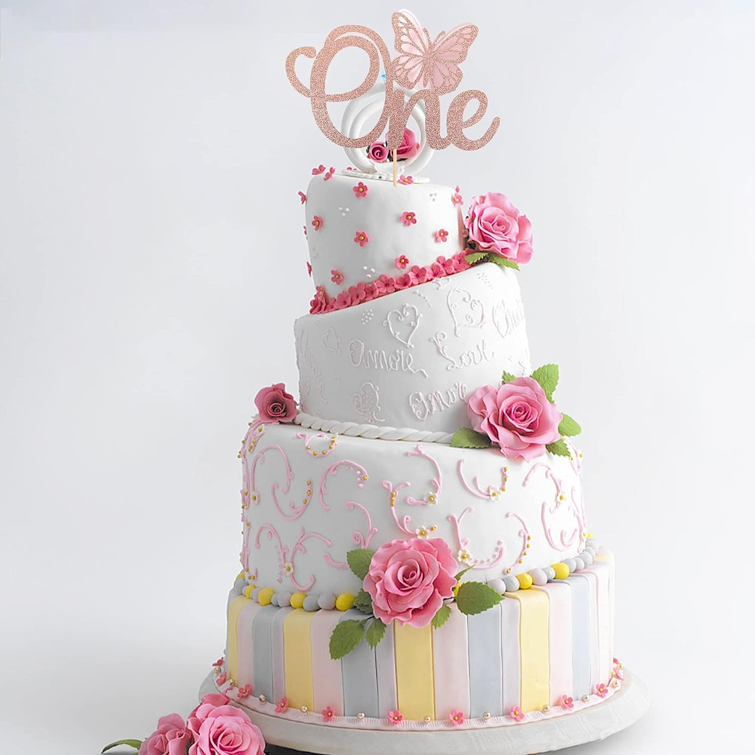 SYKYCTCY 1 Pack Butterfly One Cake Topper Glitter Butterfly 1St Birthday Cake Pick for Butterfly Theme Baby 1St Birthday Baby Shower Party Cake Decorations Supplies Rose Gold - Gold image number 3