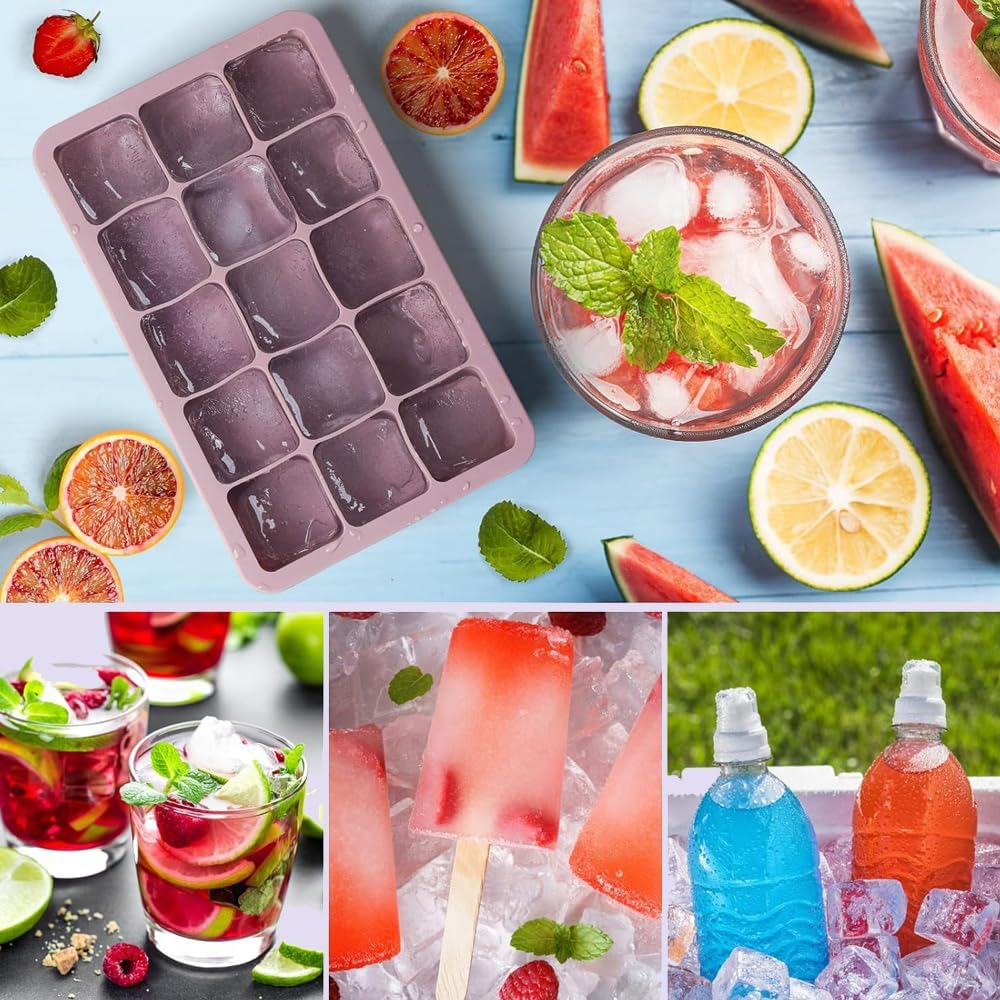 Ice Cube Tray, Silicone Ice Cube Moulds with Lid, BPA Free and Reusable for Freezer Containers, Whisky, Cocktails, Drinks(Green-1) - Pink-1 image number 6