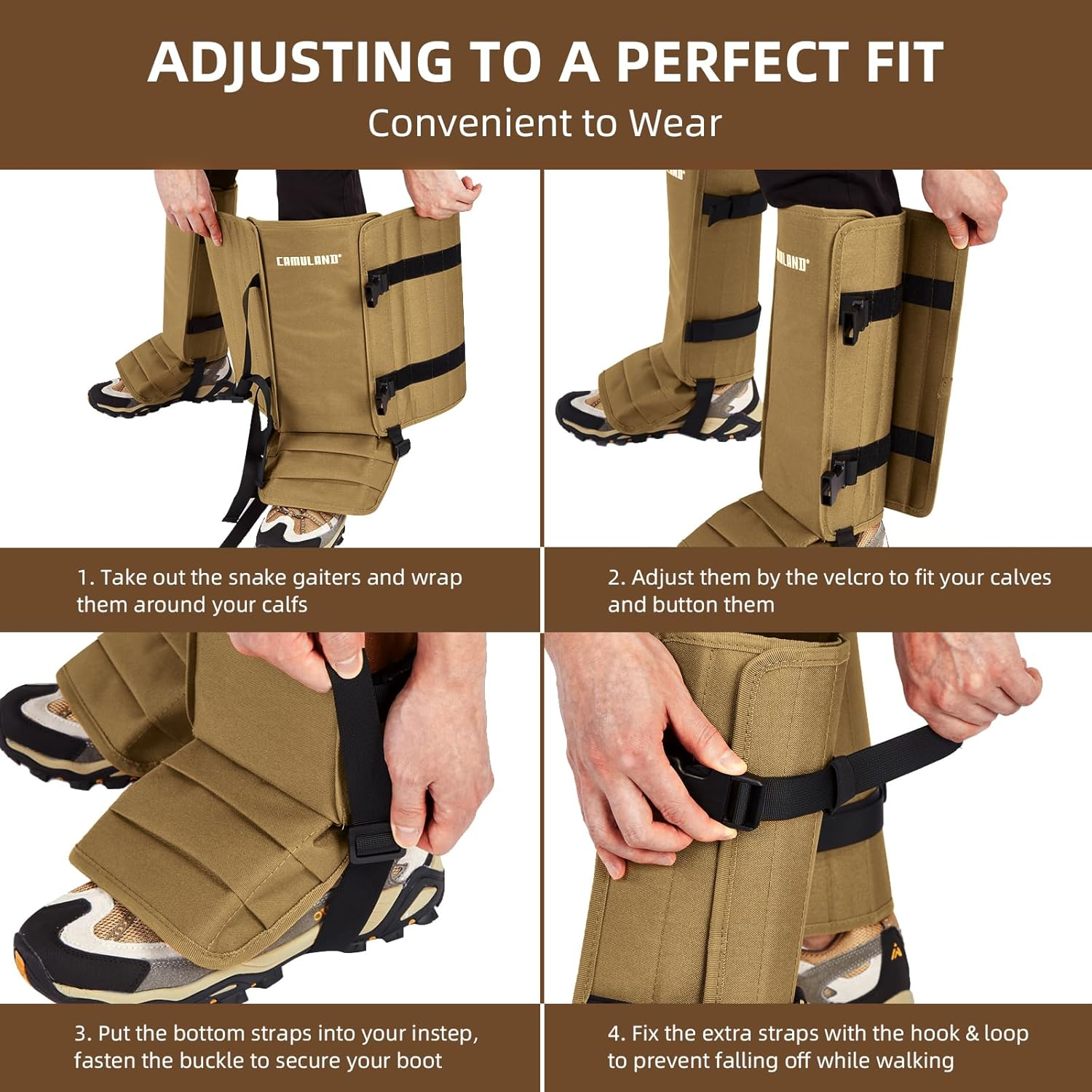 CAMULAND Snake Gaiters for Men & Women, Durable Waterproof Snake Guards for Lower Leg Protection, Adjustable Snake Bite Proof Gaiters for Hunting, Hiking, and Farm Work (Khaki) image number 3