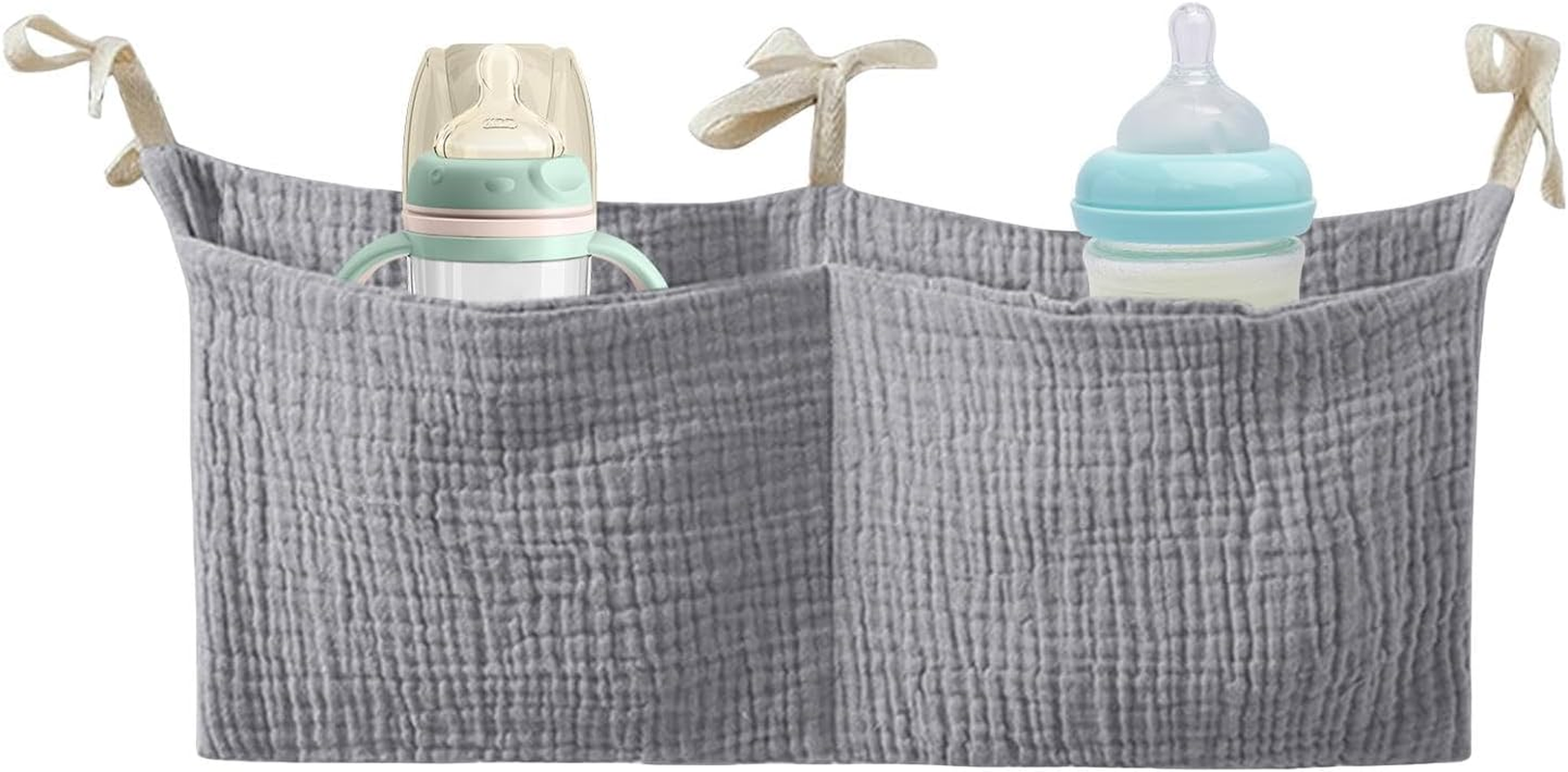 Crib Organizer for Crib | Portable Bedside Bag Diaper Nursery Organizer,Cotton Organizing Bag with 2 Pockets Multiple-Use Baby Bedding for Feeding Bottle image number 4