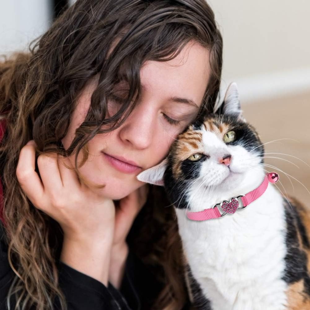 Mtliepte 2 Pcs Cat Collars Heart Bling Breakaway with Bell Nylon Adjustable for Kitty (Pink+Purple) - Black+Pink image number 2