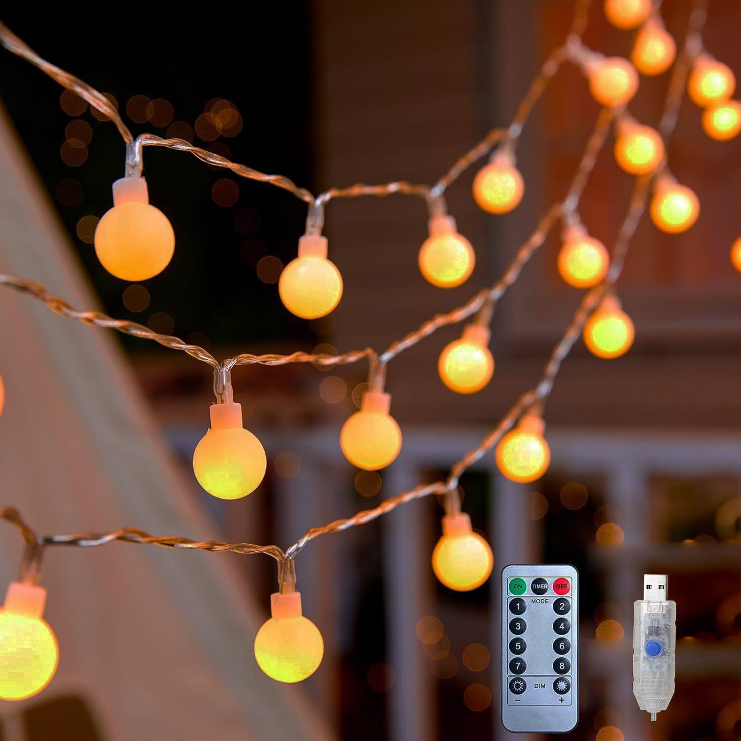 Globe String Lights, 33 Feet 80 Led Fairy Lights USB Plug In, 8 Modes Mini Globe Light for Indoor Outdoor Bedroom Party Wedding Garden Christmas Tree Decor (Yellow)