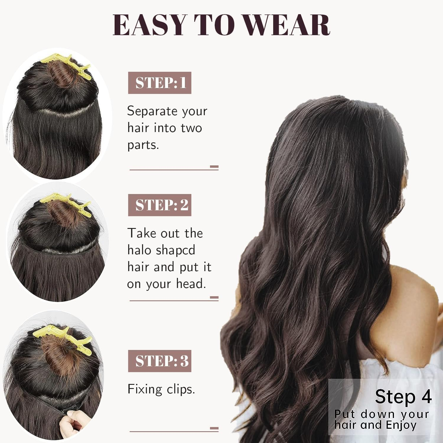 Long Wavy Hairpiece,20 Inch Dark Brown,Invisible Wire Hair Extensions with Transparent Wire Adjustable Size with 4 Secure Clips,Headband Hairpieces for Women,Girls image number 4