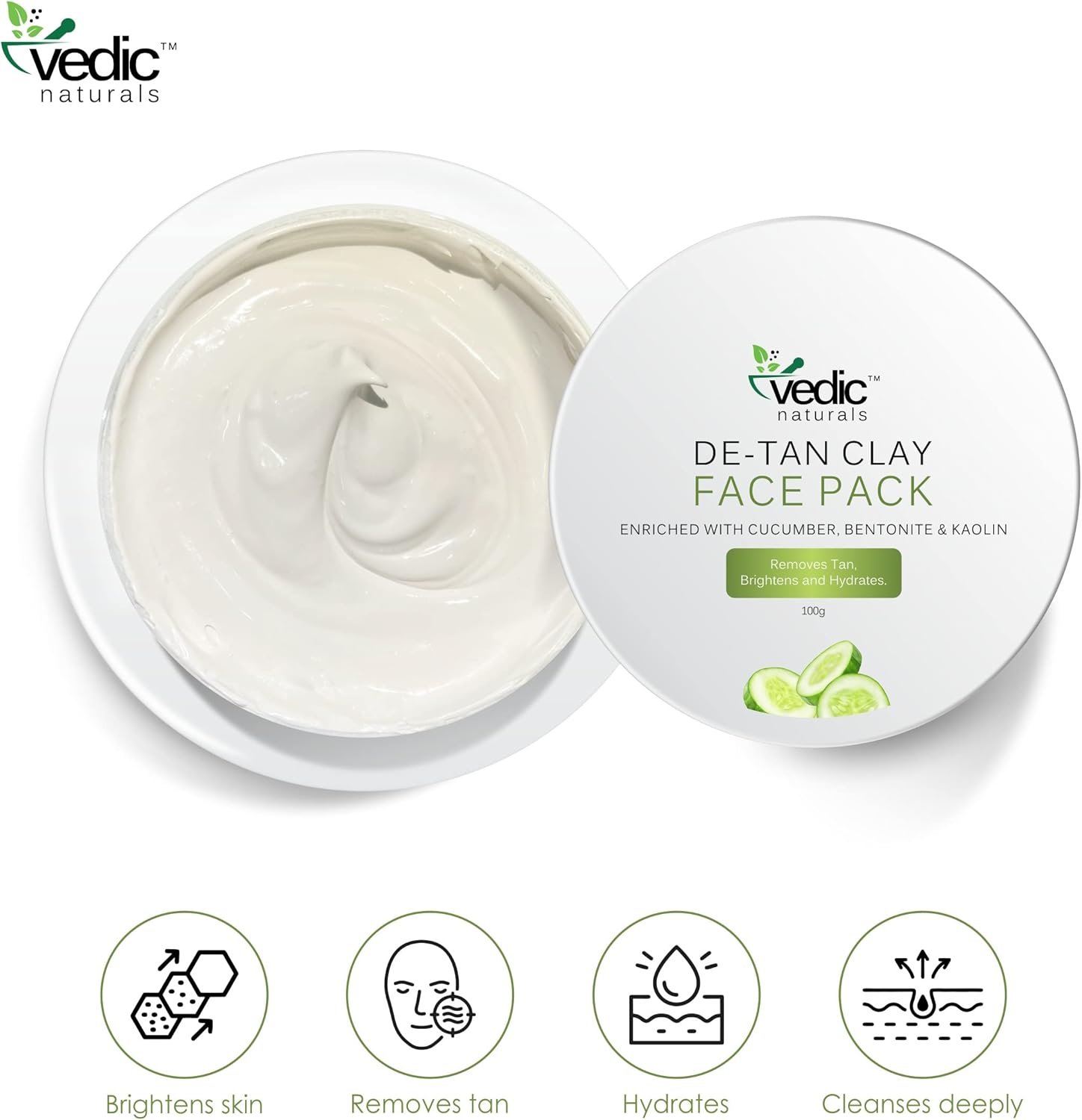 Vedic Naturals De Tan Face Pack 100G Enriched with Cucumber Extract Bentonite Clay & Kaolin Clay Removes Tan Skin Brightening & Hydrates 100% Organic image number 5