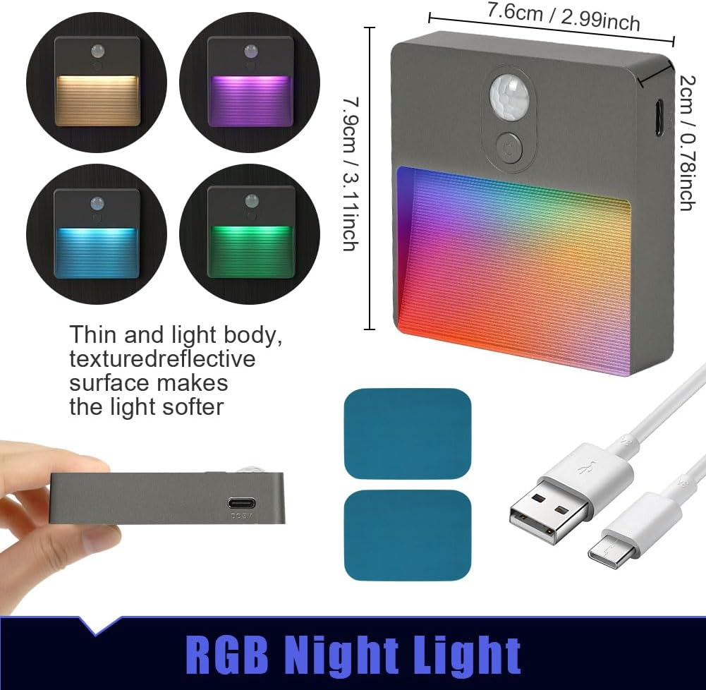 HOTUT Motion Sensor Night Light,2Pcs Stick-On Battery Powered Night Lights,Warm Light,4 RGB Colors,Auto/On/Off Light,Stair Sensor Lights Indoors,Night Light for Stair,Hallway,Kitchen,Closet (Gray) - Grey-2Pcs image number 2