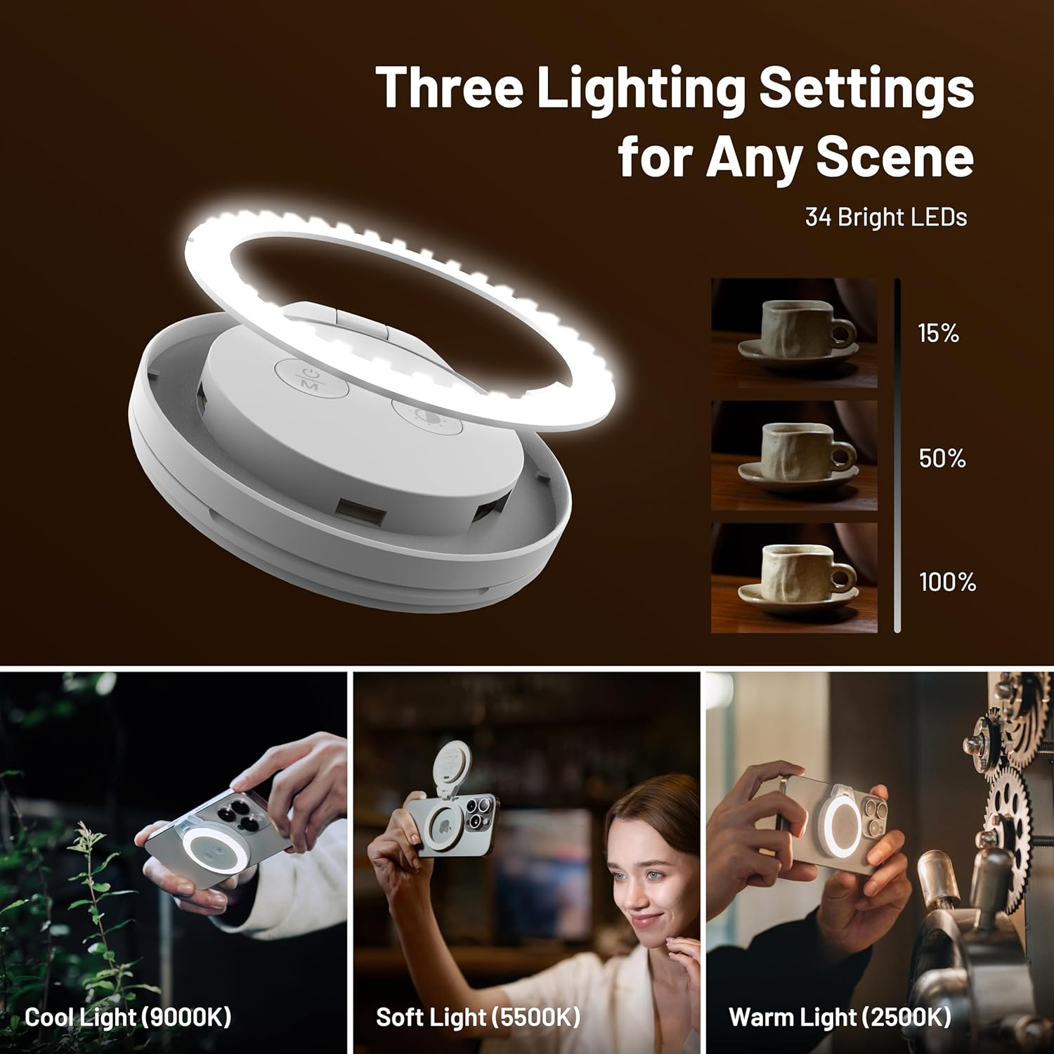 PGYTECH Magglow Phone Fill Light, Magsafe Selfie, Portable LED Magnetic Ring Light with Cool/Soft/Warm for Selfies/Photography/Video, Black