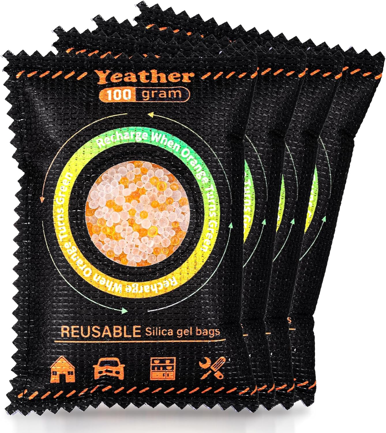 100G [4 Packs] Color Indicating Silica Gel Desiccant Packets, Rechargeable Desiccant - Moisture Absorbers for Bins, Gun Safes, Suitcases, 3D Printing Filaments, Electronics, Cars image number 6