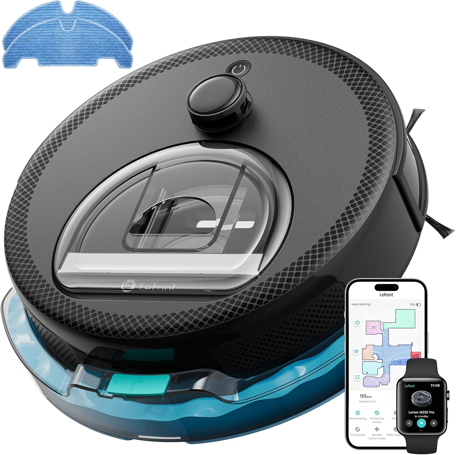 Lefant M320 Robot Vacuum Cleaner, 6000Pa Strong Suction, 210Min Runtime, Self-Charging, 800Ml Visible Dustbin, Compatible with Alexa, Ideal for Pet Hair & Hard Floors & Carpets, Black