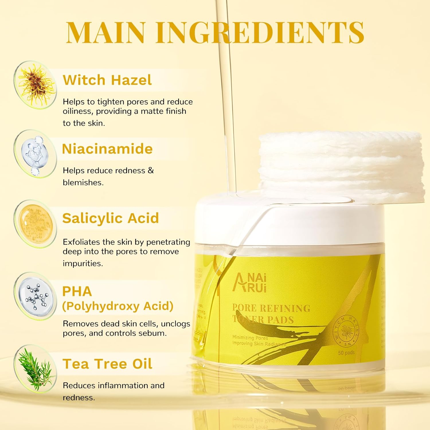 ANAI RUI Pore Minimizing Pads, with Witch Hazel, PHA, Salicylic Acid, Niacinamide, Facial Toner Pads for Exfoliation and Minimizing Pores, Improving Skin Tone, Face Exfoliating 50 Count image number 1