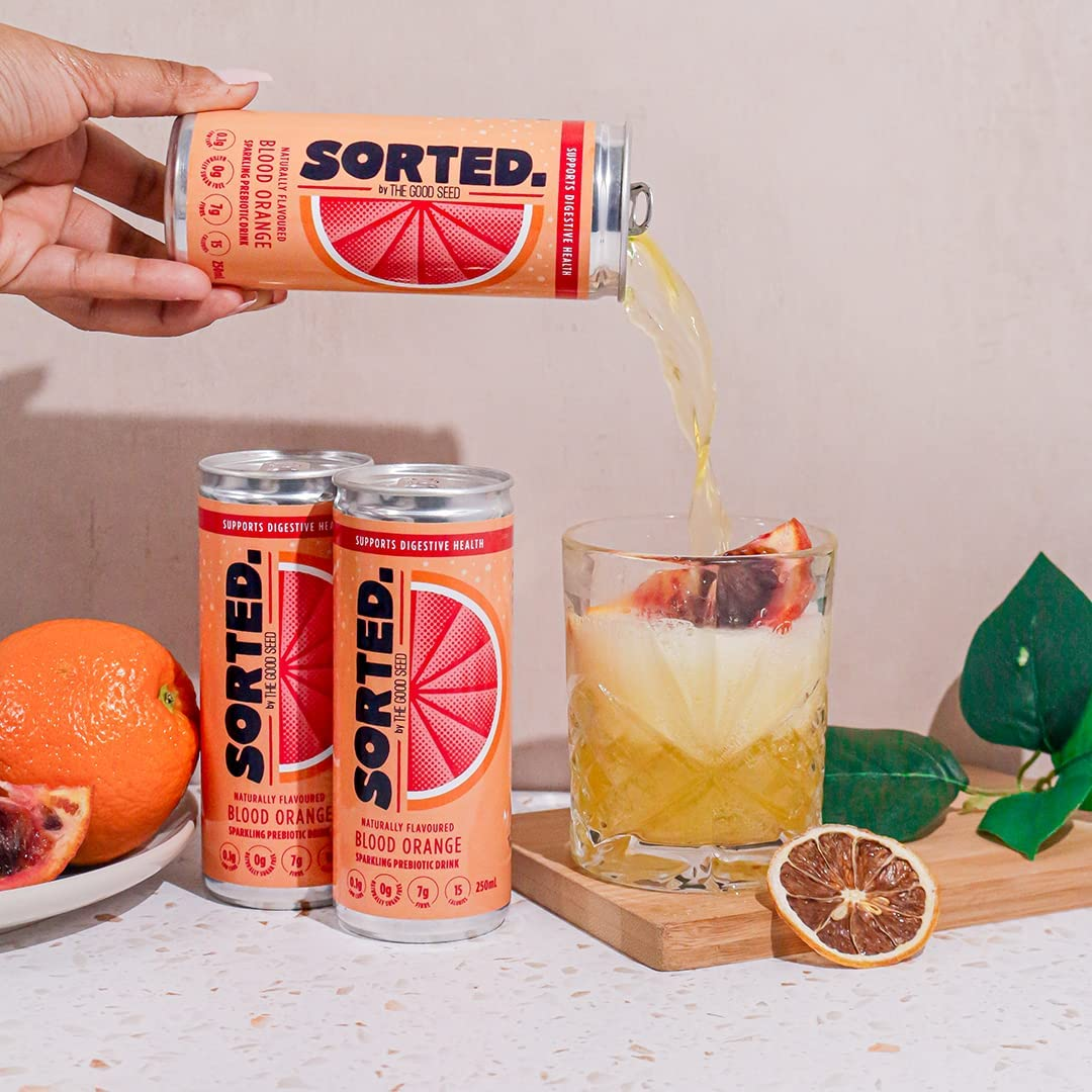 SORTED. Bloodorange Prebiotic Soft Drink | Boosts Gut Health | High-Fibre, 99.9% Sugar-Free, Low Carb, Low Calories | 12X250Ml Cans image number 2