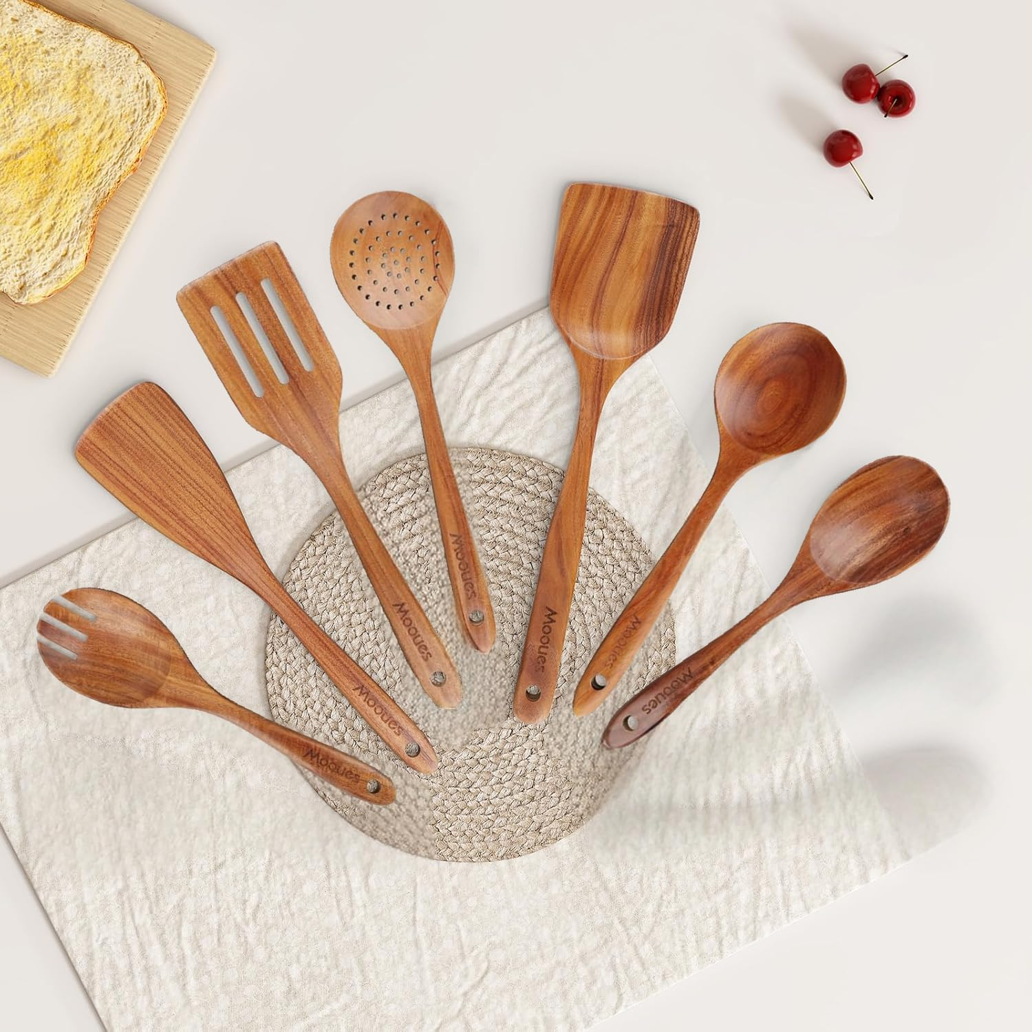 Mooues 9-Piece Natural Teak Non Stick Cookware Kitchen Utensil with Spoon Holder - Comfortable Grip for Cooking Spoons and Storage Buckets image number 5