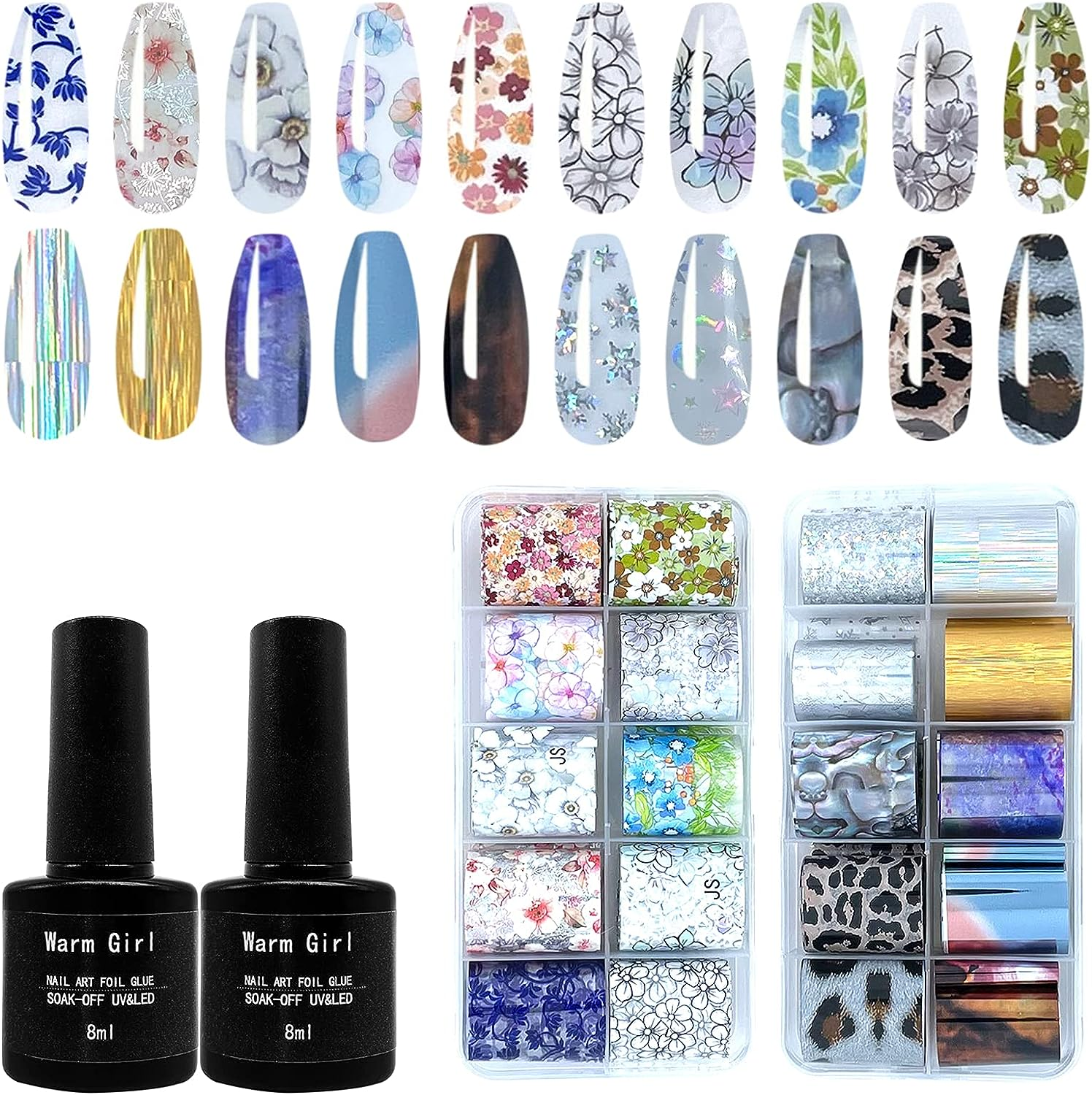 Warm Girl 2Pcs 8ML Nail Art Foil Glue Gel, 20Pcs Starry Sky Foil Stickers Set Nail Transfer Tips Manicure Art DIY UV LED Lamp Required#03 image number 3