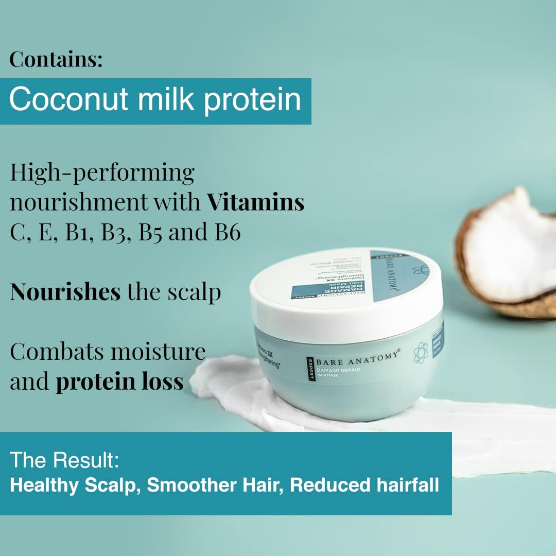 Bare Anatomy Damage Repair Hair Mask 3X Strengthening Powered by Ceramide A2 & Coconut Milk Protein Smoothening Hair Hair Mask for Dry & Frizzy Hair Women & Men, 250Gm image number 6