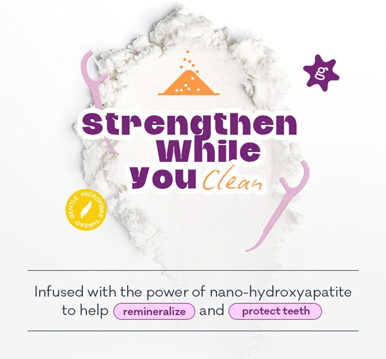 Grin Ultra Smooth Grape Flavoured Floss Picks, 80 Pack, Recycled Plastic Handle, Premium UHMW PE Floss, Nano-Hydroxyapatite Infused image number 3