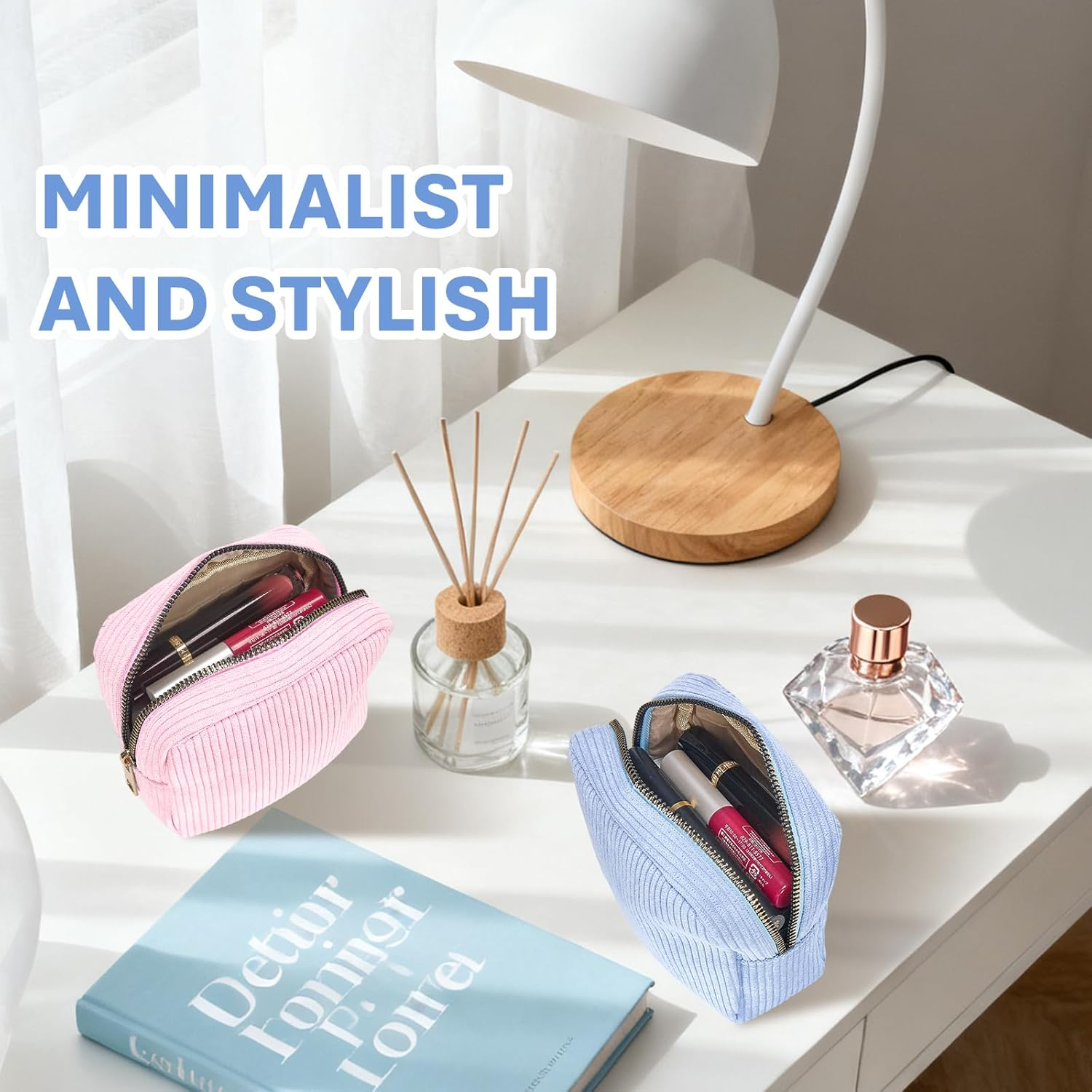 Pack of 2 Small Cosmetic Bags, 12 X 5 X 12 Cm Make-Up Bag, Small Mini Make up Bag with Metal Zip, Cord Toiletry Bag for Cosmetics, Skincare and Toiletries (Pink, Blue) image number 6