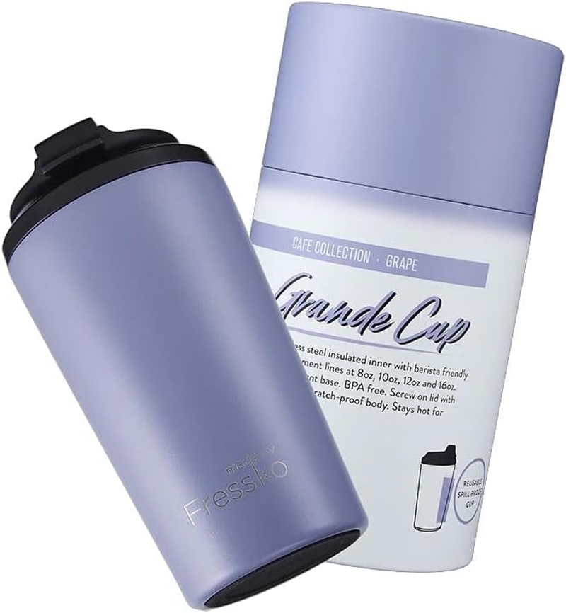 Made by Fressko Reusable Coffee Cup - Stainless Steel Insulated Mug - Leak Proof Travel Cup for Hot/Cold Drinks - 3 Hr Heat Retention - Fits Car Holders & Coffee Machines - Grape- 16Oz 450Ml