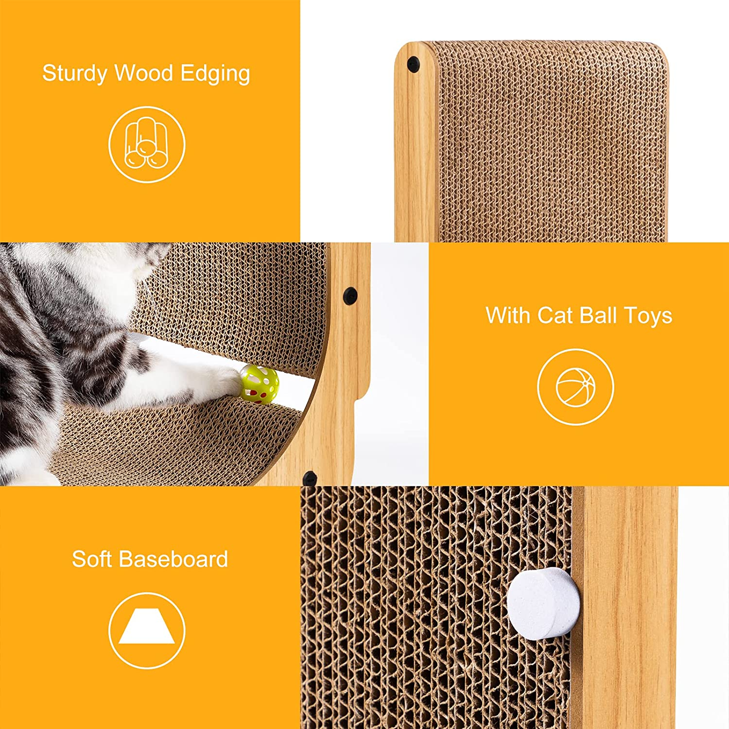 L Shape Cat Scratcher, Poils Bebe Cat Scratchers for Indoor Cats, Protecting Furniture Cat Scratch Pad, Cardboard Cat Scratching with Ball Toy, Catnip, 26.8 Inches, Large, Brown