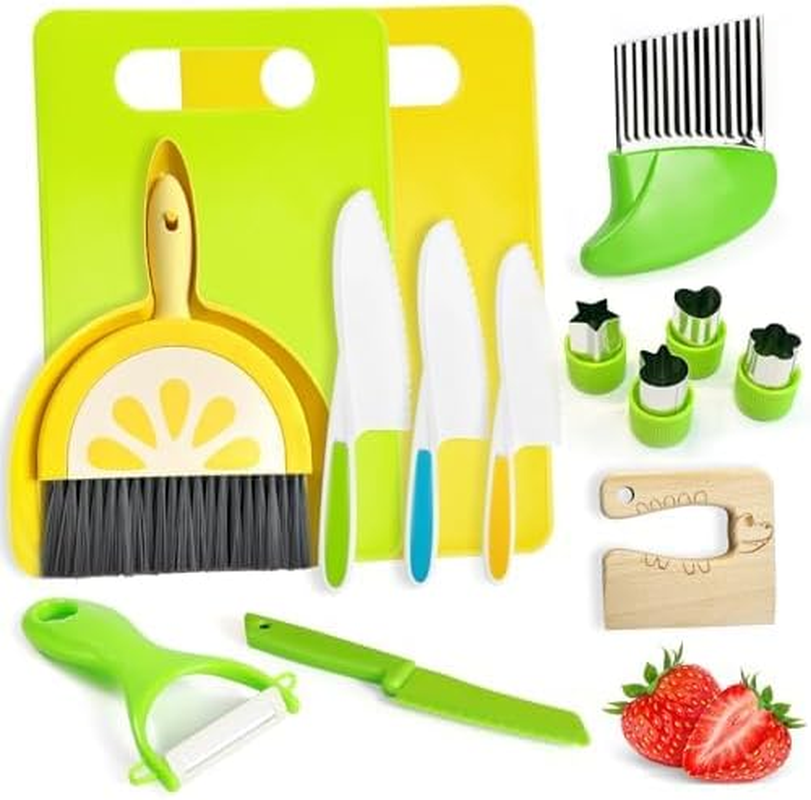 Montessori Kitchen Tools for Toddlers Kids Cooking Sets Safe Knife Set for Real Cooking Include Toddler Knives Cutting Boards Sandwich Cutters Peeler for Birthday (15 Pcs)