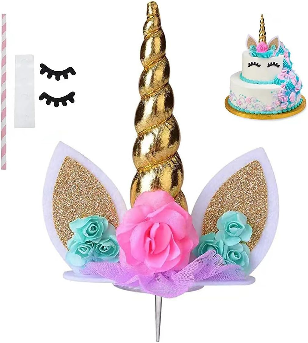 Unicorn Cake Topper, Handmade Gold Unicorn Birthday Cake Topper Decoration Supplies with Eyelashes and Stack for Birthday Party,Baby Shower, Wedding (Gold) image number 3
