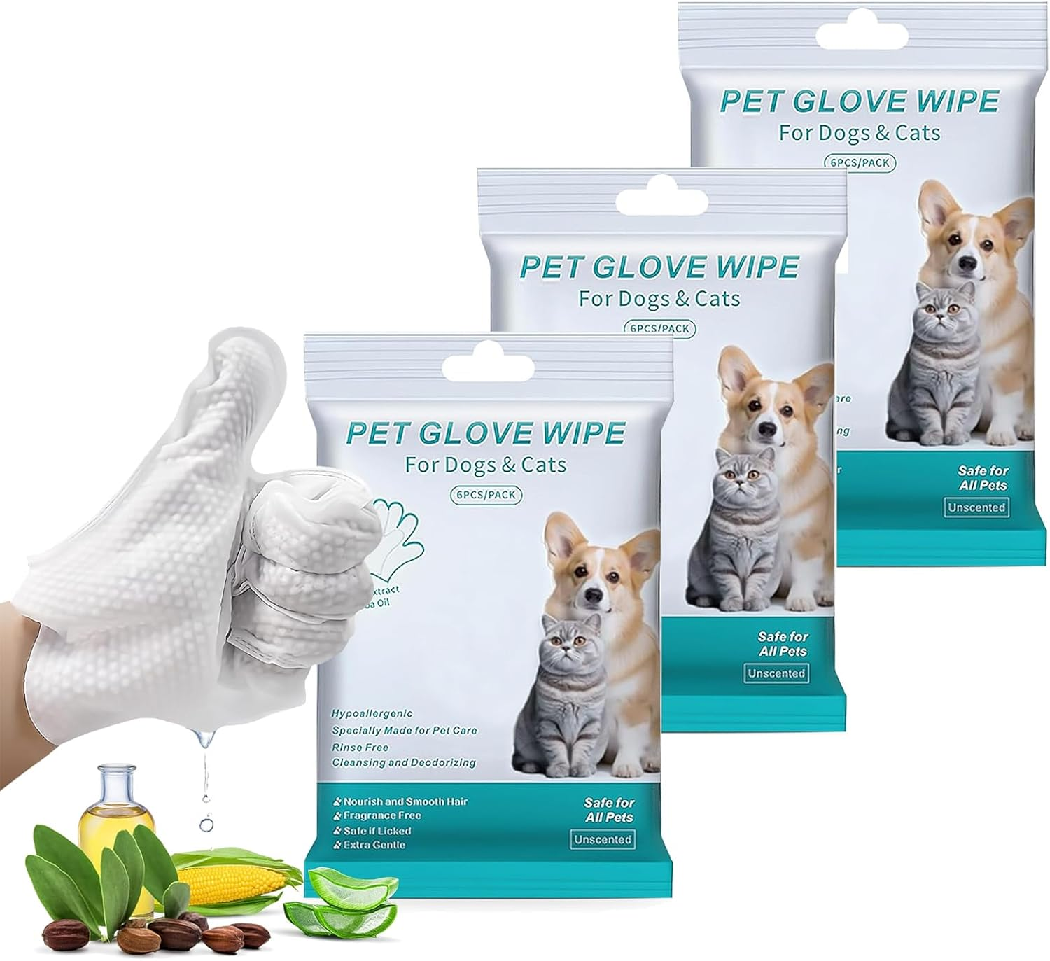 Mumoo Bear Pet Glove Wipes for Dogs Cats, Dog Cleaning Gloves, Dog Wipes Cleaning Deodorizing, Extra Thick, Unscented Rinse Free Nourish Fur Glove Wipes for Daily Care and Traveling-24Pcs/4 Pack image number 1