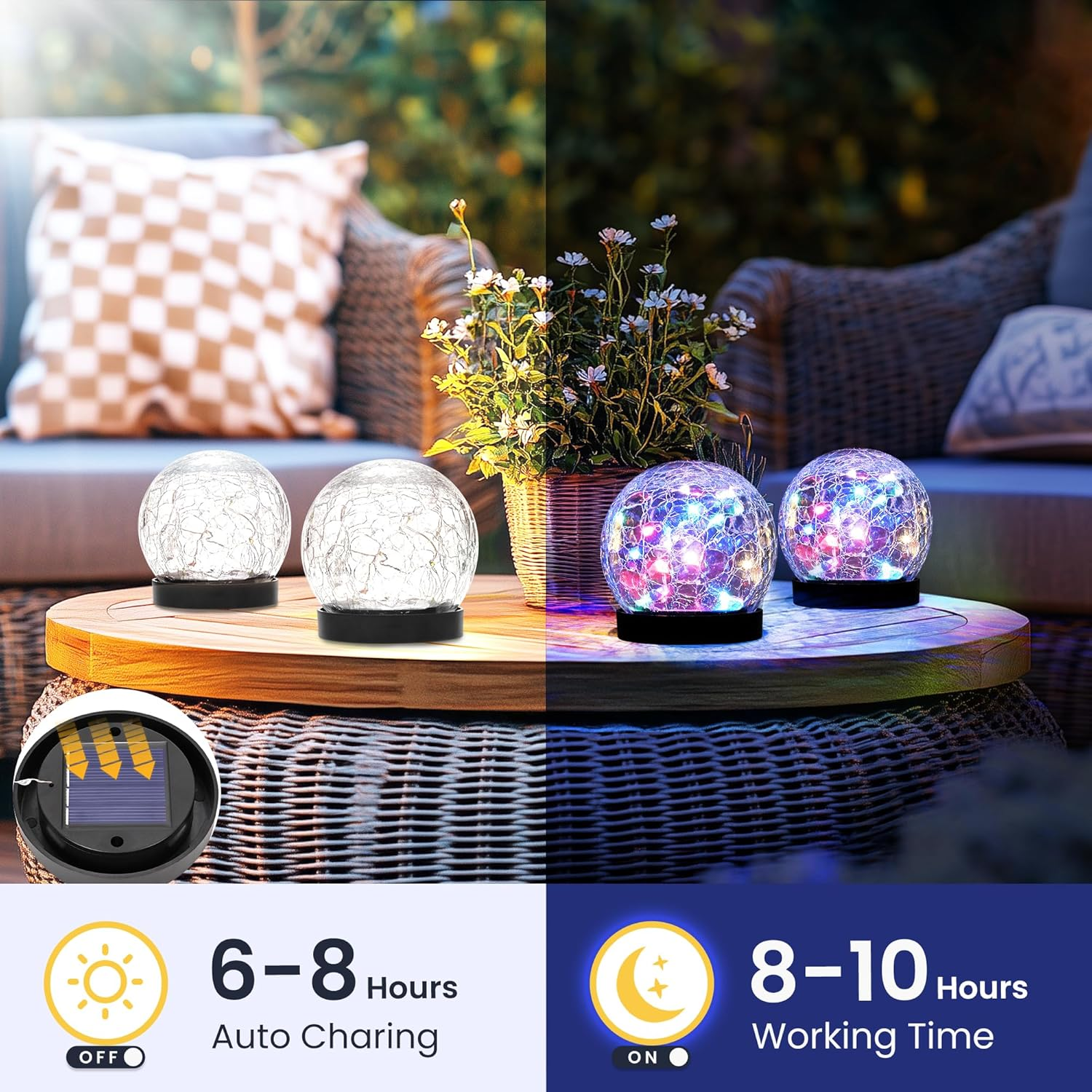 PATIOPIA Solar Lights Outdoor for Yard Patio Porch, Garden Decor Birthday Gifts for Mom Women, Solar Globe Lights Waterproof Cracked Glass Ball Outdoor Decorations Balcony Backyard (2 Pack Multicolor) image number 3