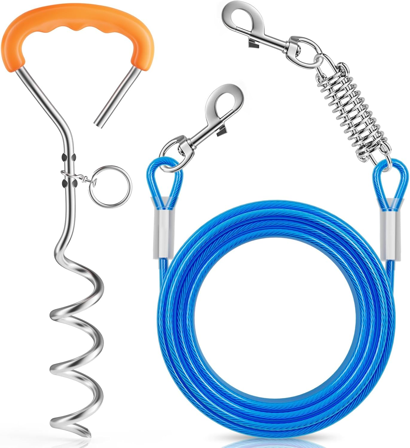 Dog Tie Out Cable and Stake with Rotating Hook and Shock Spring, 20Ft Yard Leash for Small and Medium Dogs up to 60 Lbs, Lead for Outside, Yard and Camping (Blue, 20FT)