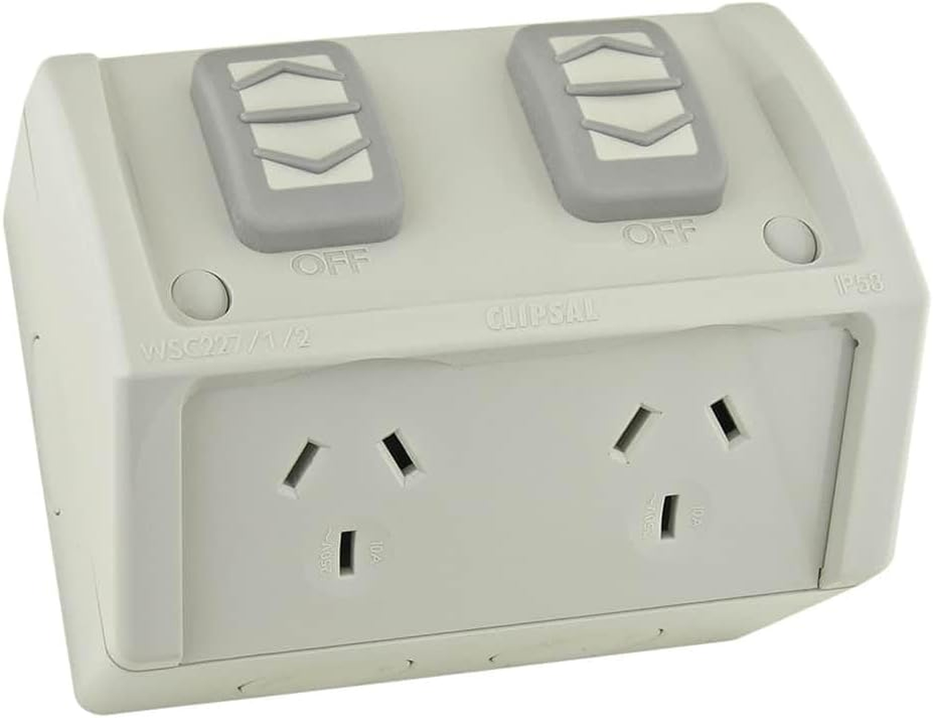 Clipsal 10A 250V Weather Proof Twin Switch Socket Outlet, Resistant Grey