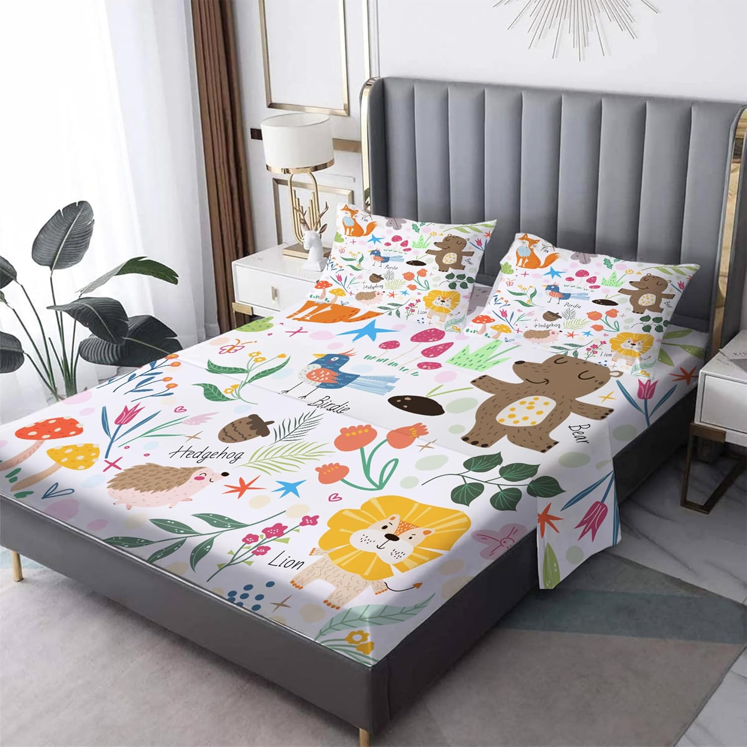 EDGZKO Sheet Set Cartoon Animals: Queen Size Cute Bed Sheets for Toddler Girls Boys Kids Deep Pocket Lovely Fox Bear Lion Flowers 4 Piece Bedding Sets 1 Flat Sheet & 1 Fitted Sheet & 2 Pillowcases image number 6