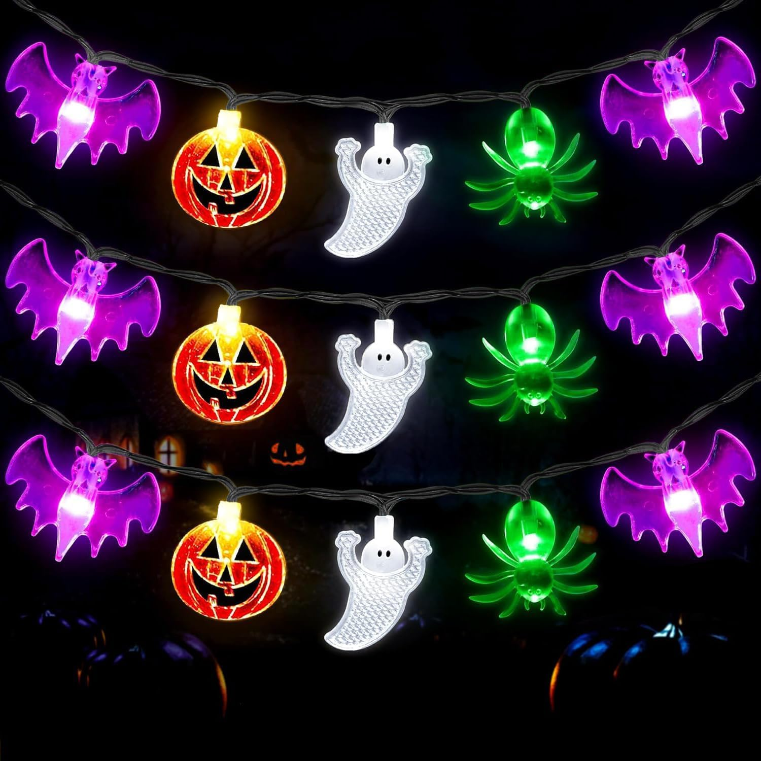 Halloween Lights 6M 40 LED Pumpkin Bat Spider Ghost Halloween String Lights Battery Operated, Indoor Outdoor Halloween Decorations Light Home Yard Window Decor
