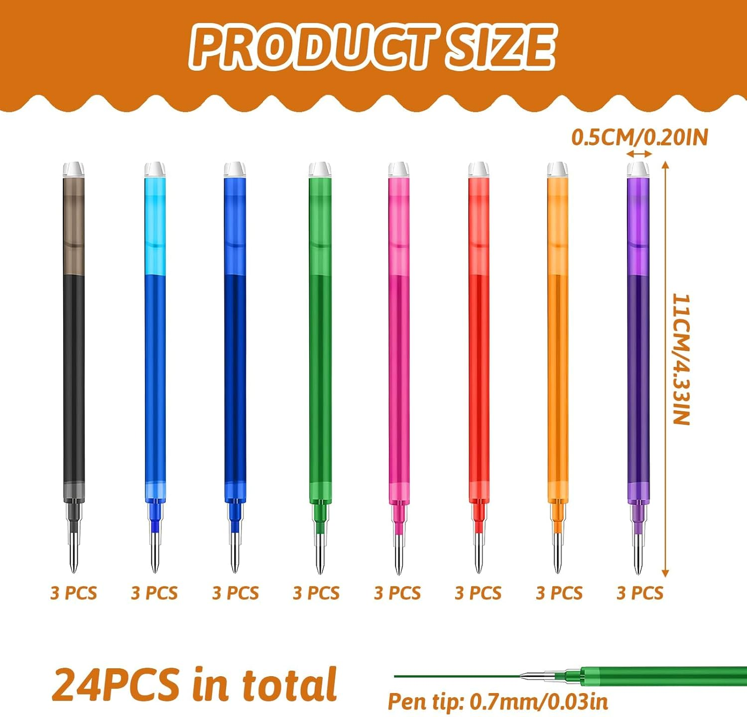 0.7 Mm Erasable Gel Ink Pen Refills Compatible with Frixion Friction, Smooth Writing Multicolor Retractable Fine Point Pen Refill for School Office Home Art (8 Colors, 24) image number 2