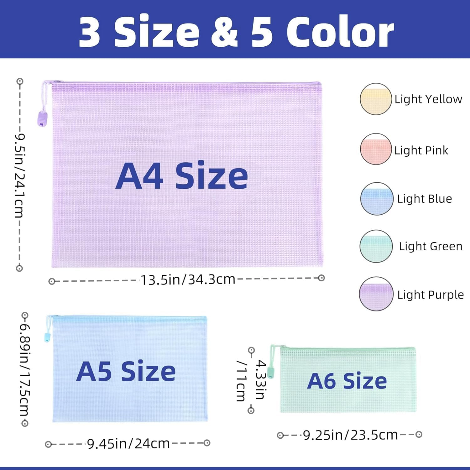 OSYLICT 15Pcs Mesh Zipper Pouch Bags,A4 A5 A6 Plastic Zip File Wallet Folders,Waterproof Clear Travel Document Storage Bag,5 Colors, Multipurpose for School Office Home Supplies image number 2