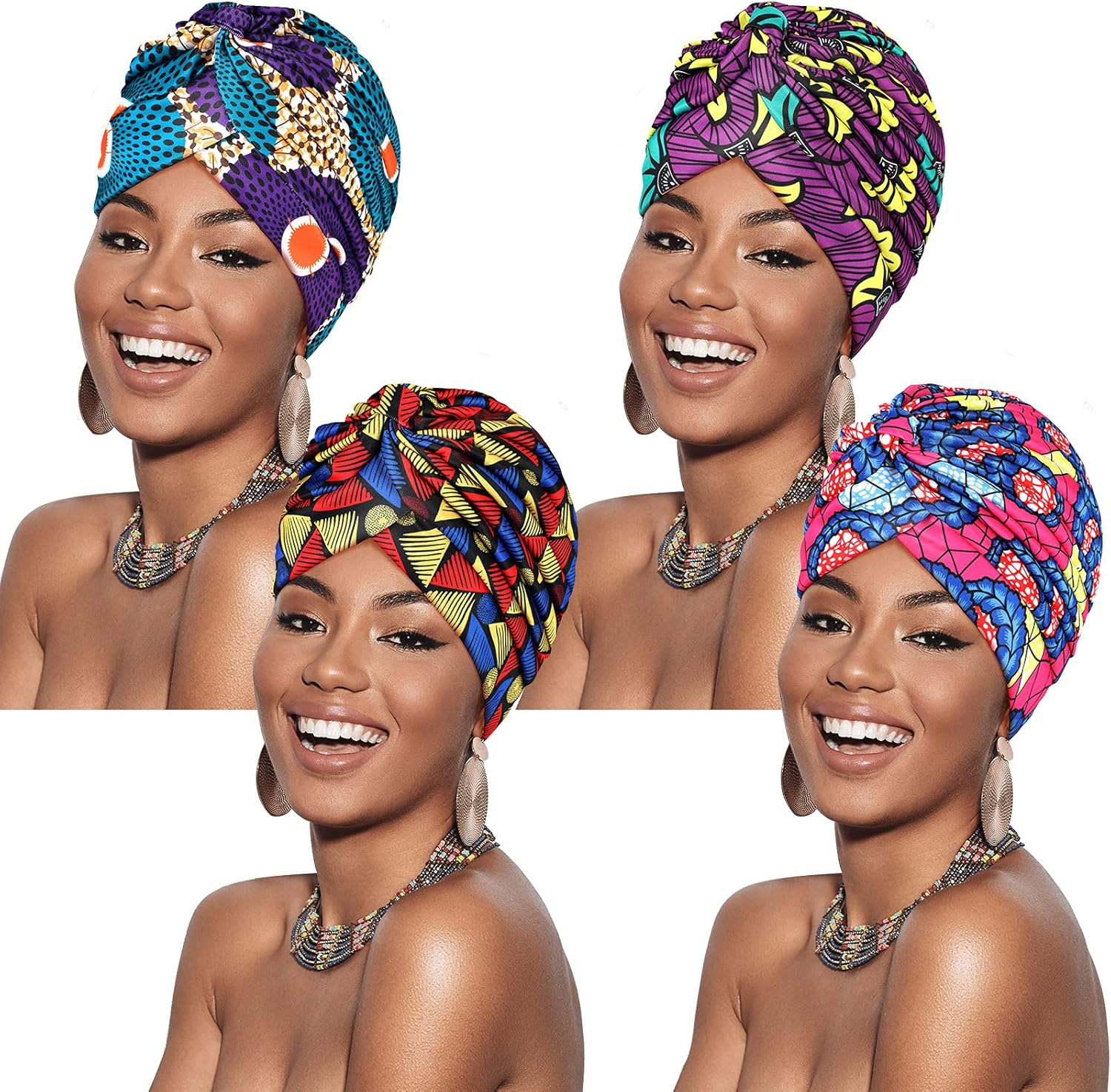 4 Pieces African Women Turban Cap Headscarf Women Turban Cap Stretch Twisted Headwrap image number 6