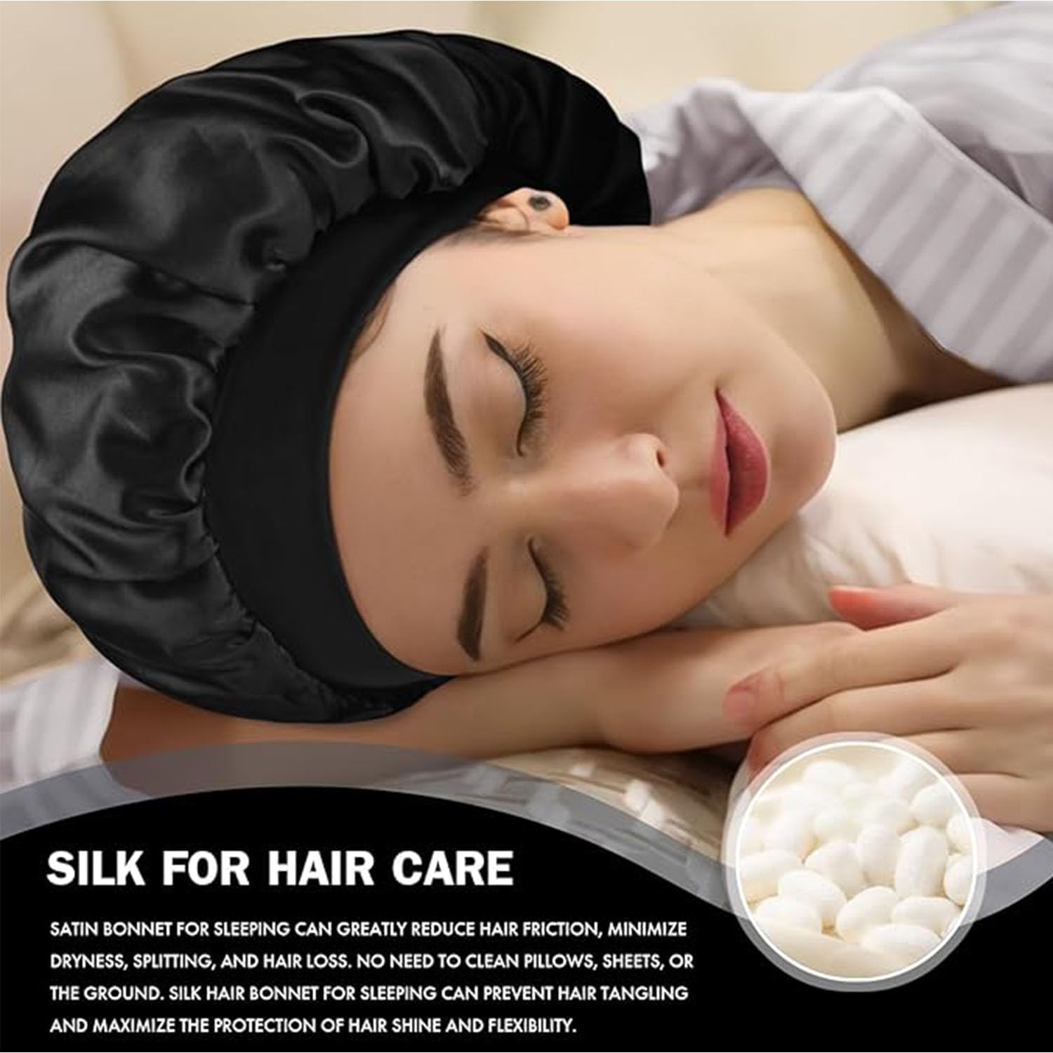 EOMECUIGAO Silk Hair Bonnet Nightcap 2PCS for Women Comfortable Sleep Bonnet to Keep Hair Neat(Black) image number 3