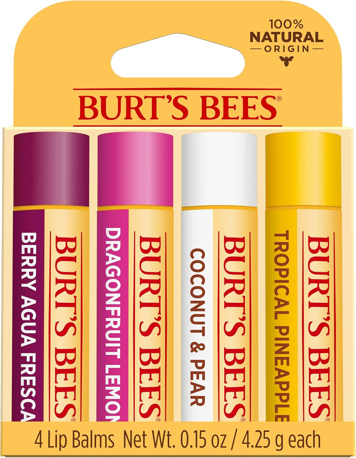 Burt'S Bees 100% Natural Origin Moisturising Lip Balm Set, Tropical Pineapple, Berry Agua Fresca, Dragon Fruit Lemon and Coconut and Pear, 4 Tubes