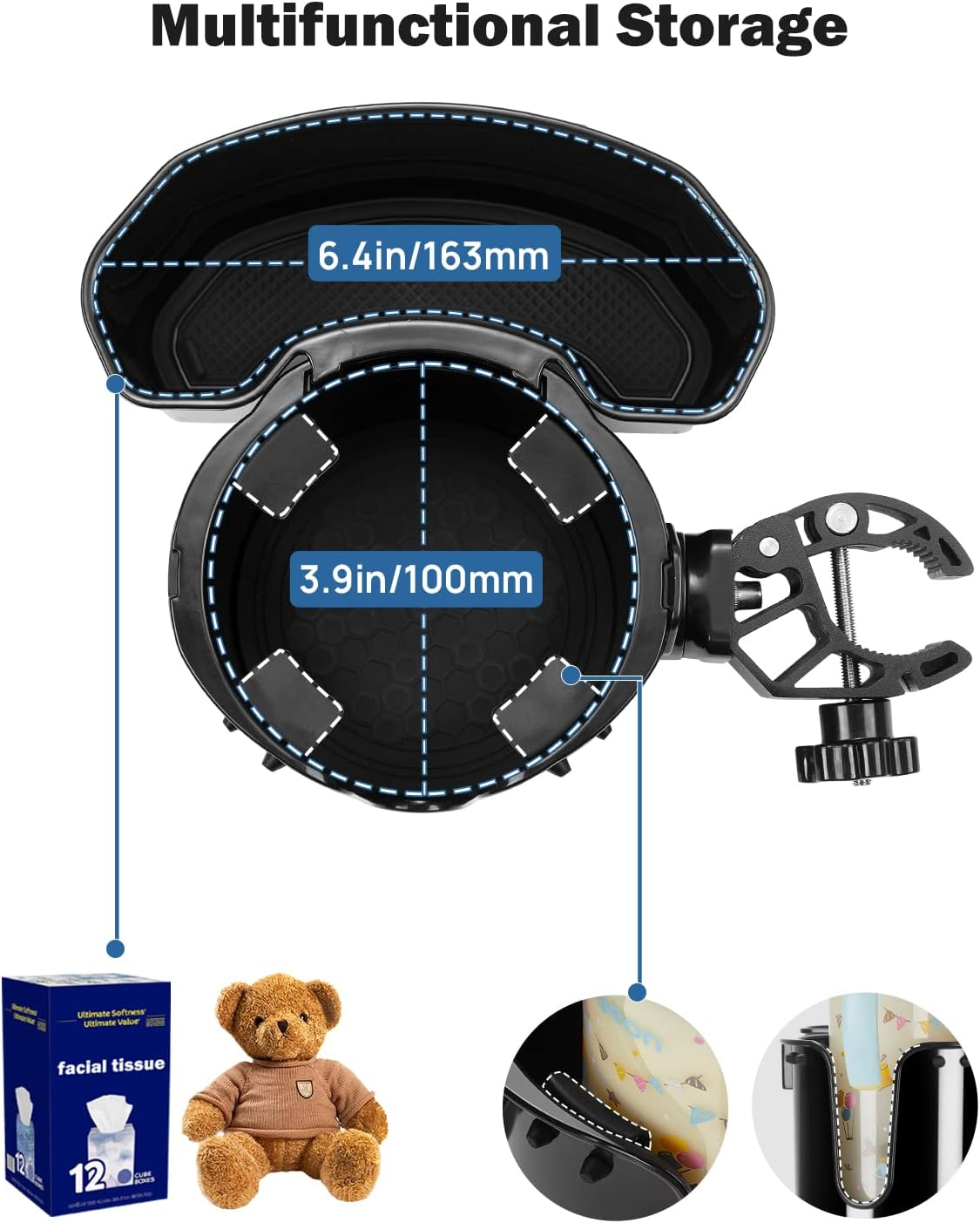 JOYTUTUS Wheelchair Cup Holder, 2-In-1 Walker Cup Holder with Storage Box, Cup Drink Holder for Bottle with Handle, Fit for Wheelchair, Walker, Rollator, Stroller, Camper, Golf Cart image number 3