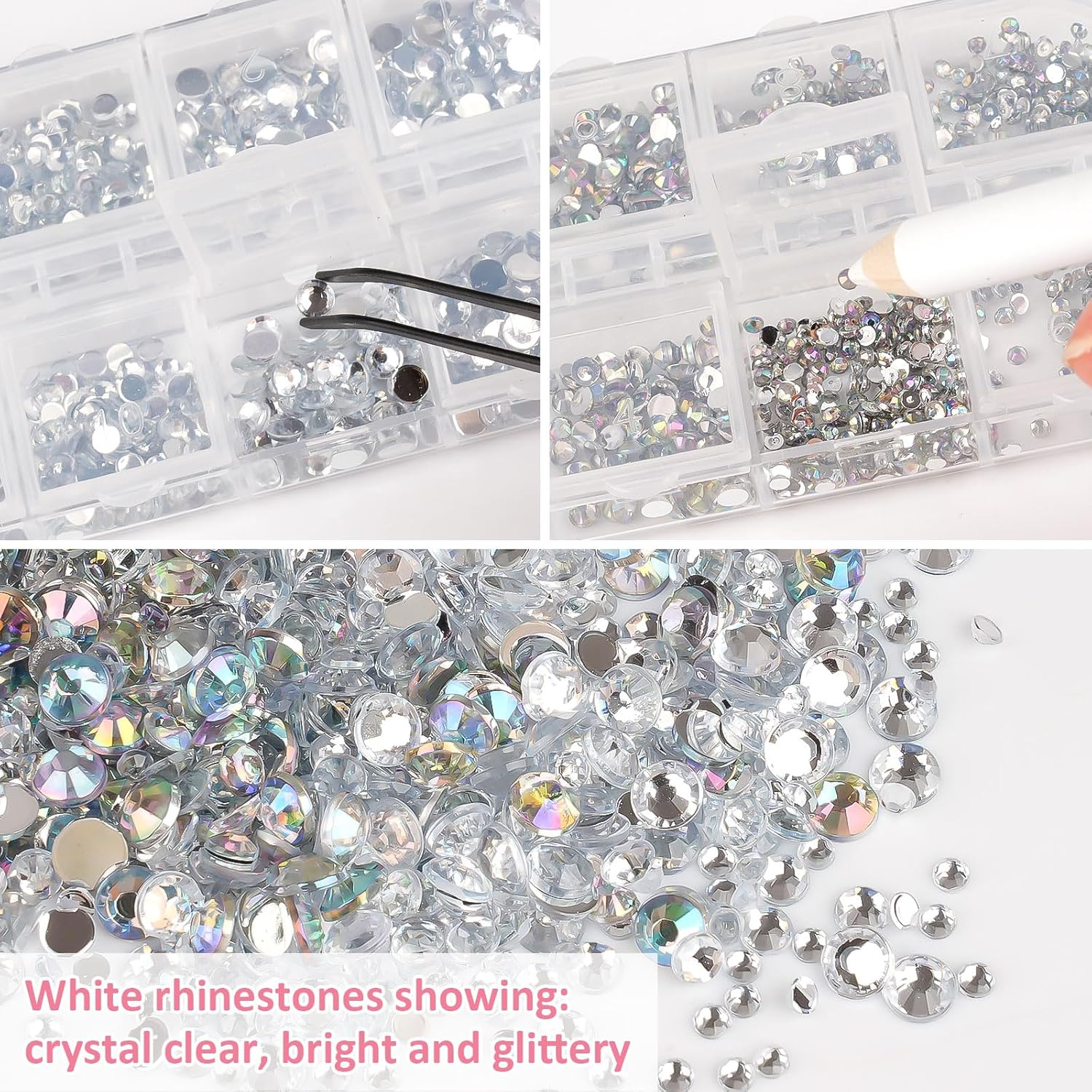 5820 Pieces Rhinestones Nails, Glitter Stones Nails and Semicircular Beads, AB Crystal Rhinestones, Flatback Nail Stones with Tweezers and Pen for Nail/Diy (Multiple Sizes and Colours) image number 3