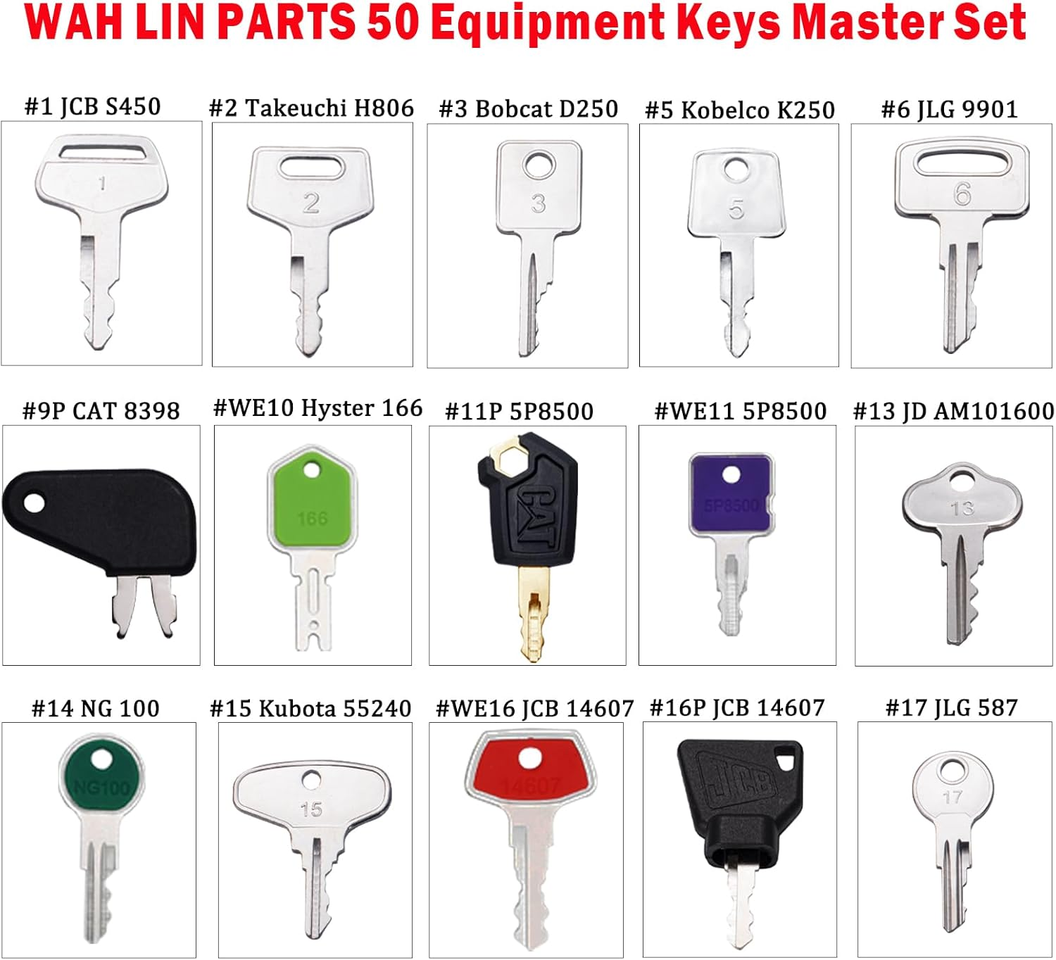 50 Universal Ignition Starter Keys &ndash; Excavator Heavy Machinery Key Set for Cat Caterpillar Case JD JCB Hyster Komatsu Kubota Volvo & More &ndash; Fit Agricultural, Diggers, Forklifts image number 4