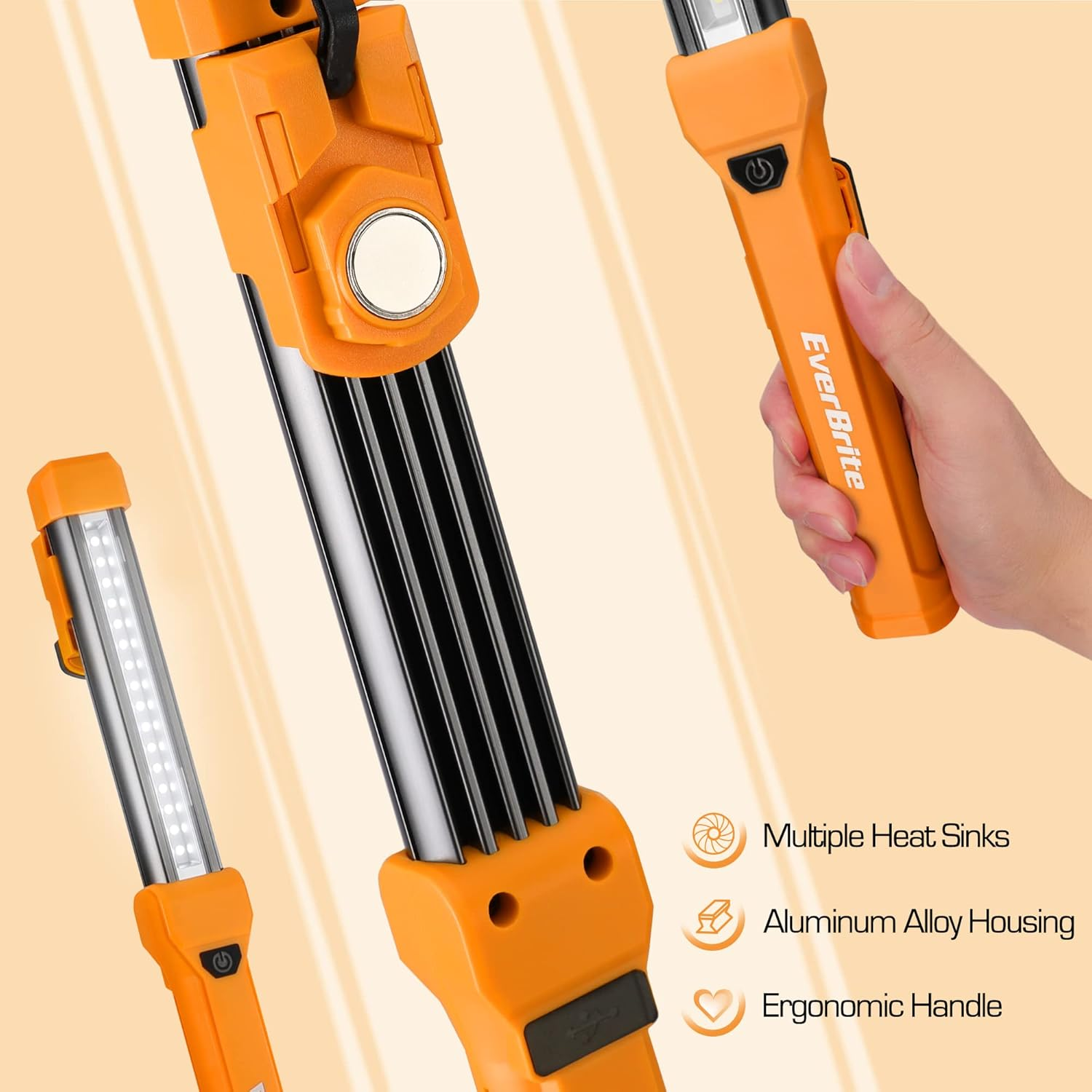 Everbrite 1000LM LED Work Light, Rechargeable Work Light for Mechanics with Dual Magnetic Bases&Hanging Hooks, 4 Lighting Modes, USB C Cable, for Car Repairing, Working, and Hurricane, Pack of 1 image number 5