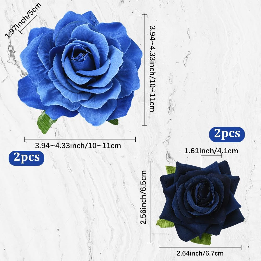 SOFPLATE Pack of 4 Navy Blue Rose Hair Clip 2 in 1 Flower Brooch Fabric Flowers Headwear Hair Pins Hats Bags Clothing Decoration Accessories for Weddings Parties Mother'S Day Fancy Dress Accessories G