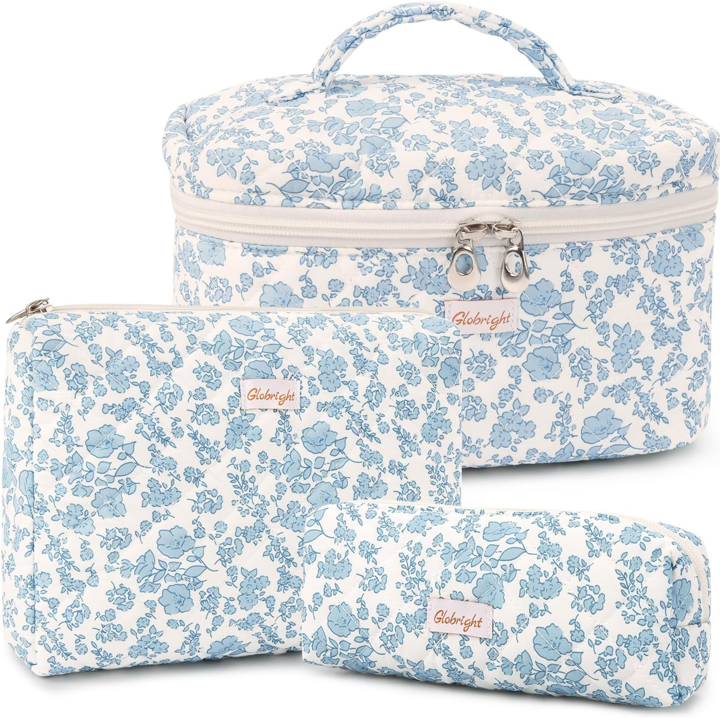 Globright 3 Pieces Makeup Bag Large Checkered Cosmetic Bag, Cotton Make up Bag Travel Toiletry Bag for Mom Girlfriend Wife Women, Floral, Morden image number 1