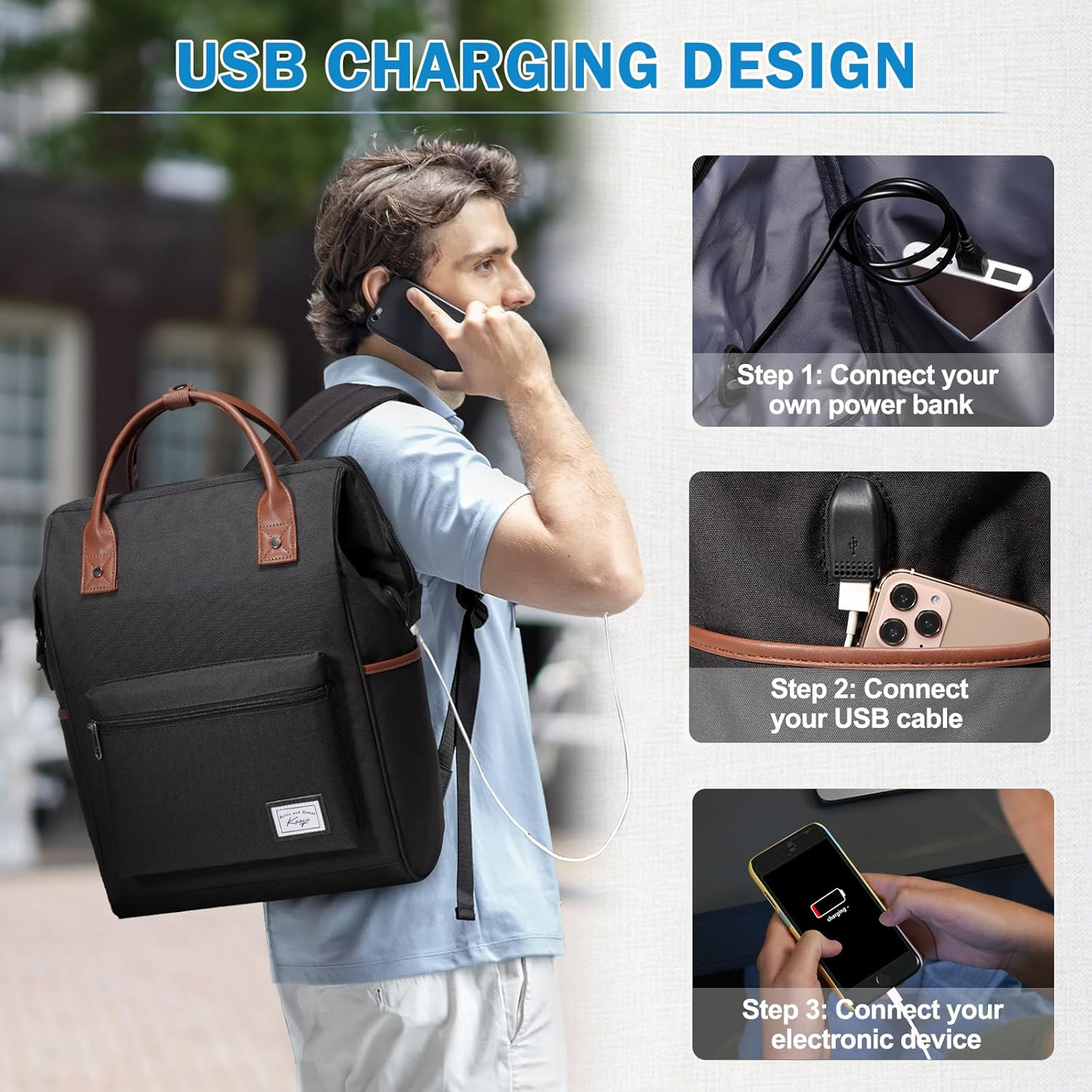 Laptop Backpack for Men Women, KASQO Water-Resistant Travel School Backpack Fit 15.6 Inch Laptop 24L Anti-Theft Rucksuck Daypack with USB Charging Port for Business College Teenagers image number 2