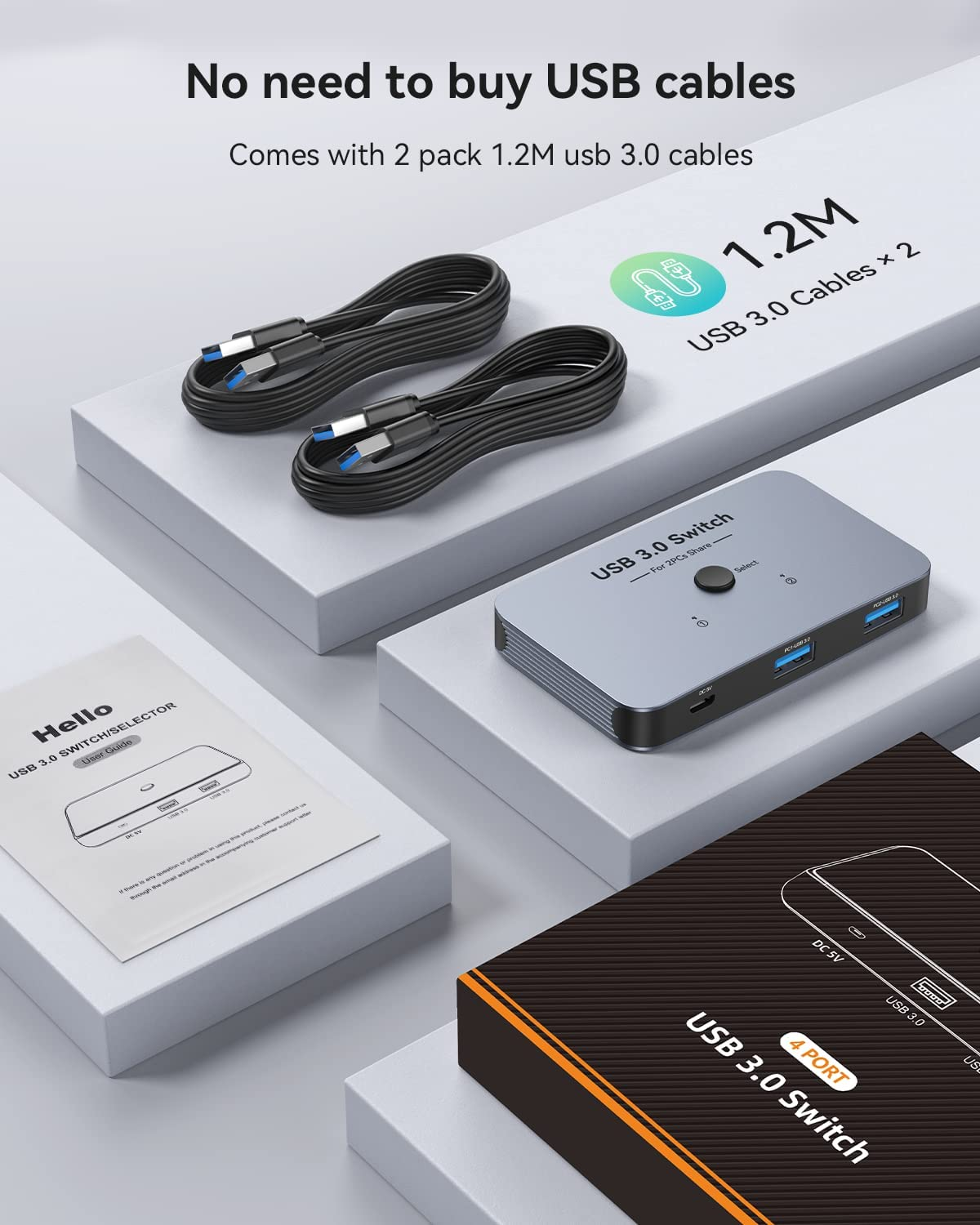 ABLEWE USB Switch 3.0 KVM Switch, Aluminum USB Switcher 2 Computers Sharing 4 USB Devices for PC Printer Scanner Mouse Keyboard with 2 Pack USB 3.0 Cable Grey image number 1