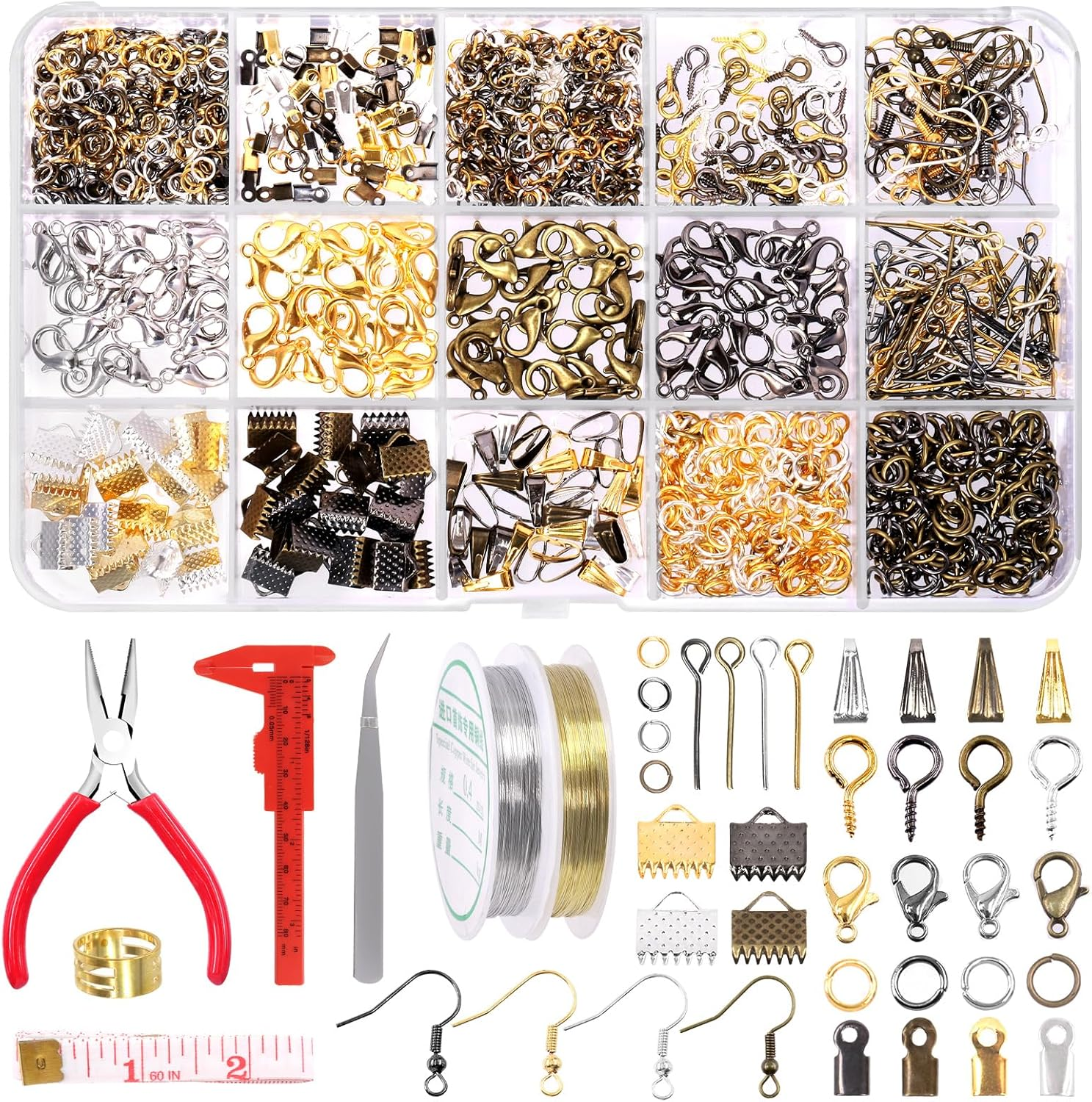 Swpeet 1468Pcs Jewelry Making Supplies Kit with Jewelry Making Tools, 2 Colors Jewelry Wires and Jewelry Pliers, 40 Styles Jewelry Findings, with Plastic Caliper, Thimble Ring, Awl Tweezers Scissors image number 1