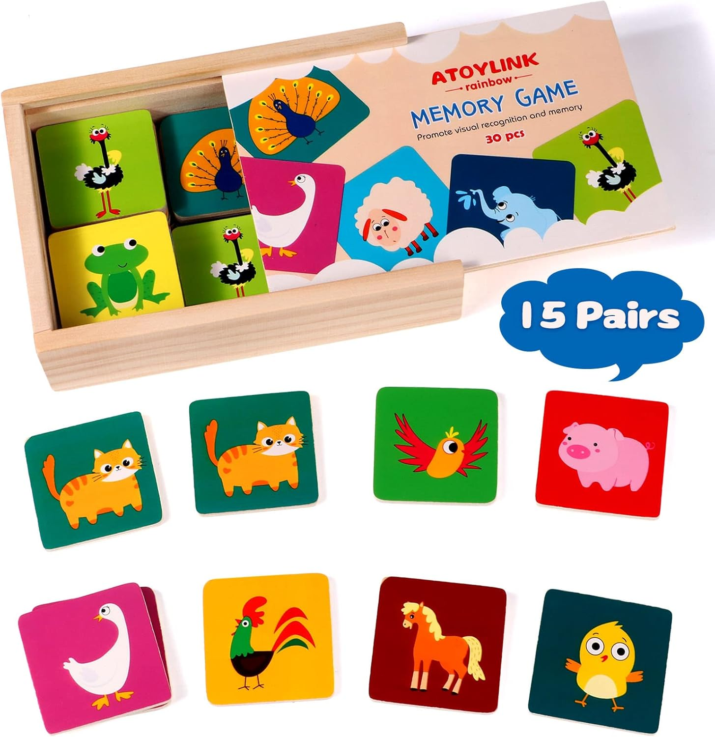 Atoylink Matching Memory Game for Kids 3 and up - 30Pcs Cute Animal Wooden Memory Card Matching Games for Toddler Boys and Girls image number 1