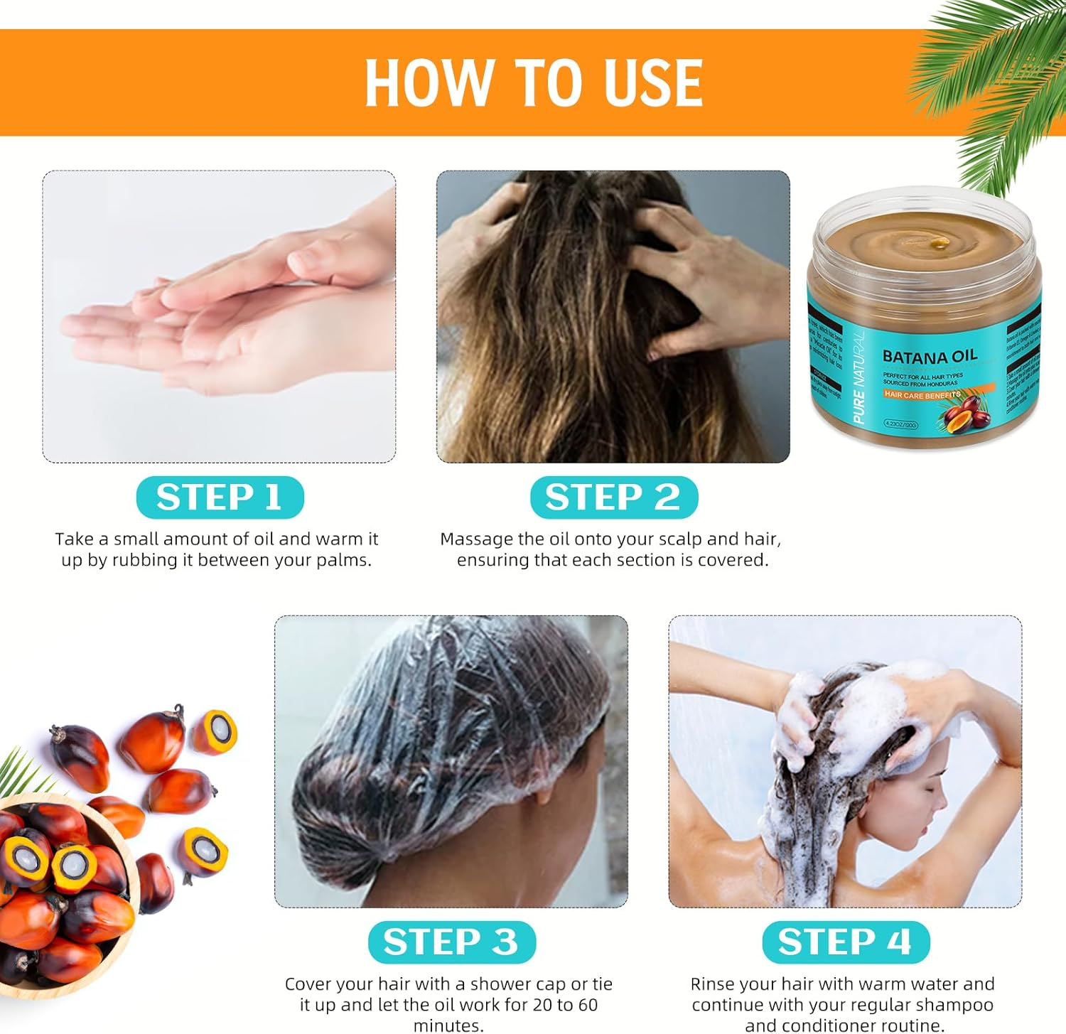 Organics Batana Oil for Hair Care, 100% Pure Raw Batana Masks Promotes Thicker, Stronger Hair, Unrefined Batana Oil for Men & Women-120Ml/4.3Oz(Hair Mask) image number 2