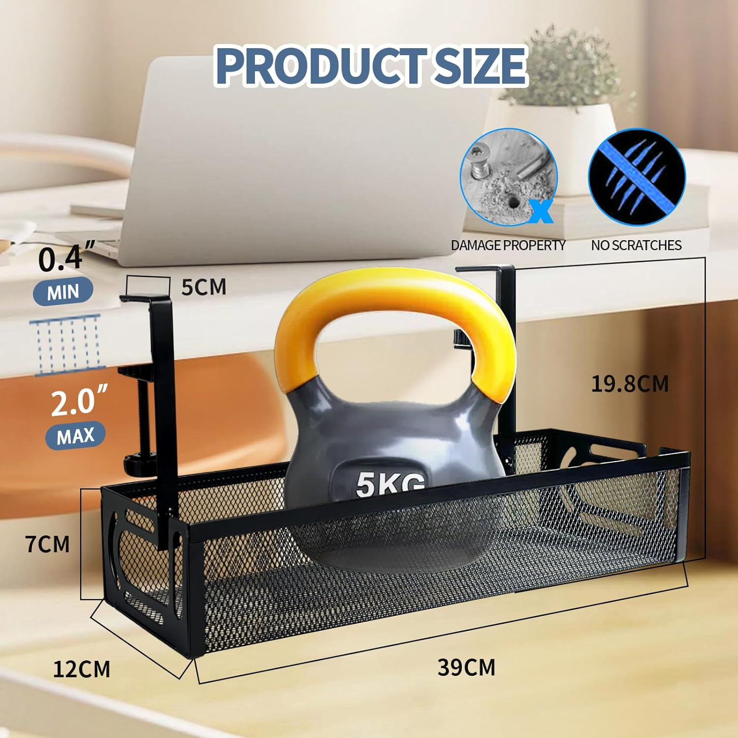 Under Desk Cable Management Tray No Drill, Metal Mesh with Clamp Mount, 2 Hole Wire and Cord Organizer for Home Office Standing Desk, Black image number 5