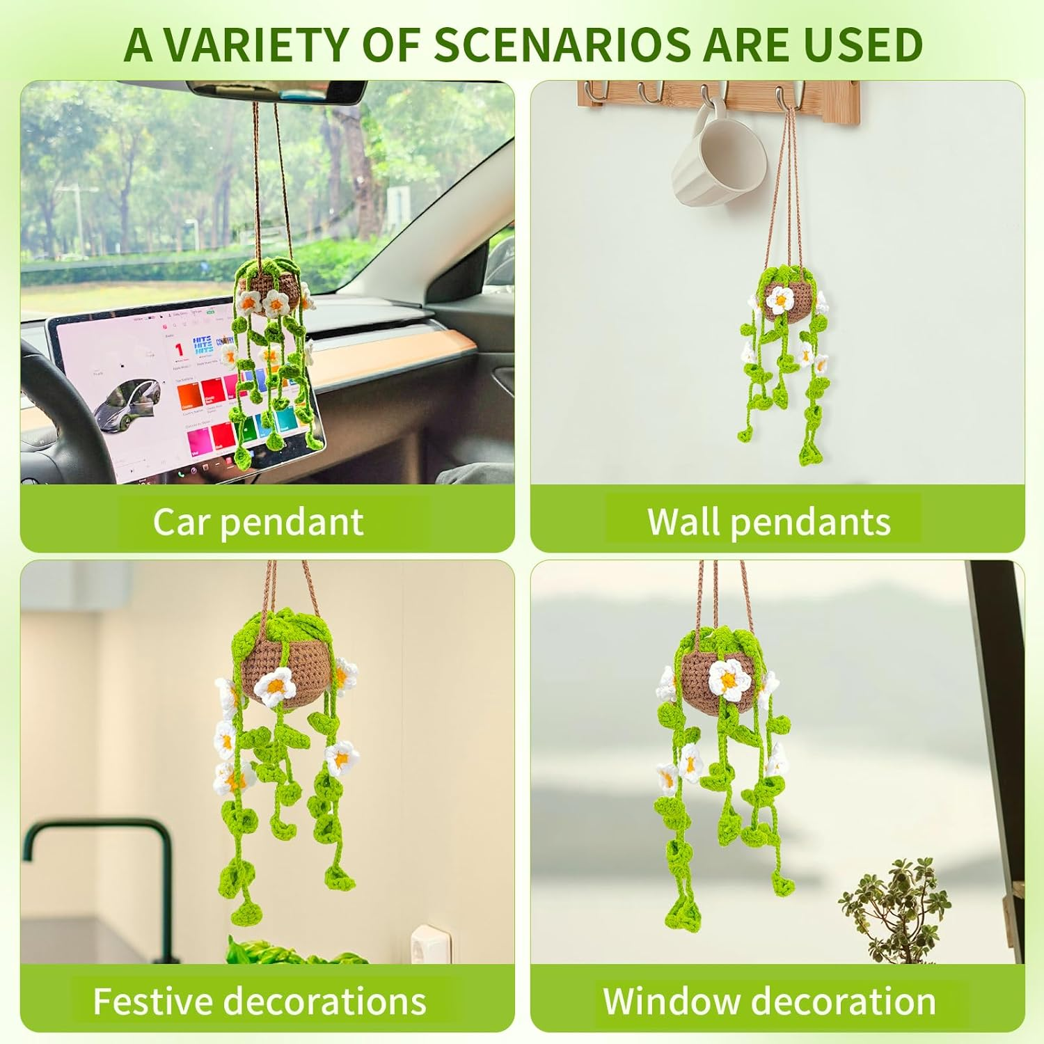 Crochet Plant Hanging Basket Car Rear View Mirror Hanging Accessories Women Interior Aesthetics Cute Handmade Knitted Girly Gift(White Flowers) image number 1