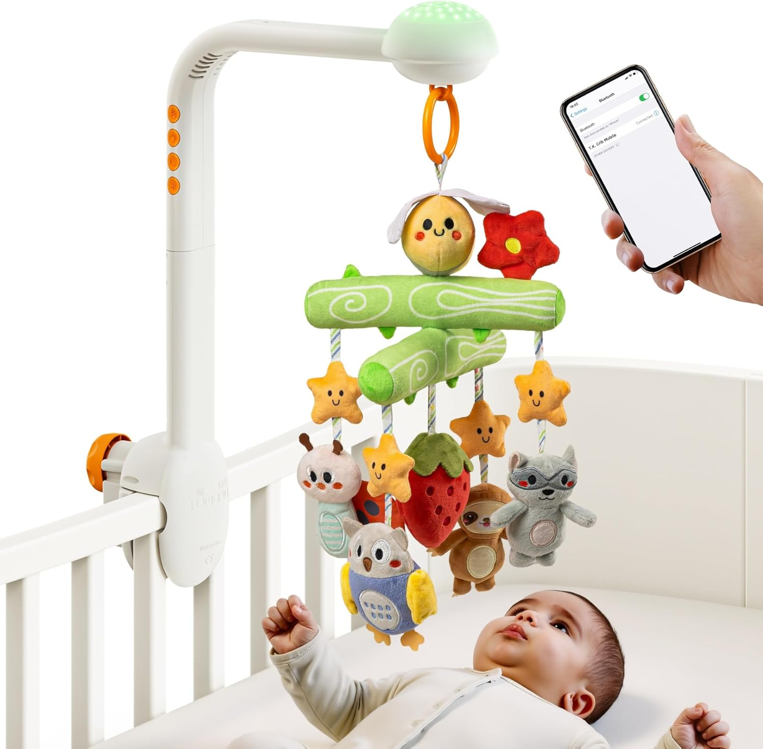 TUMAMA Baby Crib Mobile, Music and White Noise, Mute Spin Motor Nursery Toys with Projection Night Light, Soft Plush Mirror Hanging Toys for 0 Month+ Baby image number 6