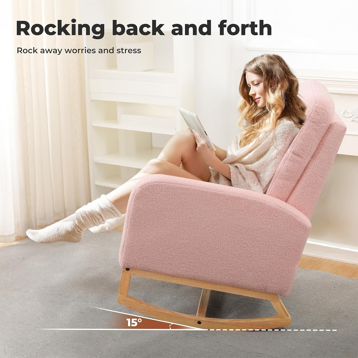 Levede Rocking Chair Nursery with Ottoman, Nursing Armchair Recliner with Footrest, Boucle Sherpa Fleece Rocker Occasional Reading Chairs for Living Room,Bedroom, Side Pocket High Backrest Footstool image number 4